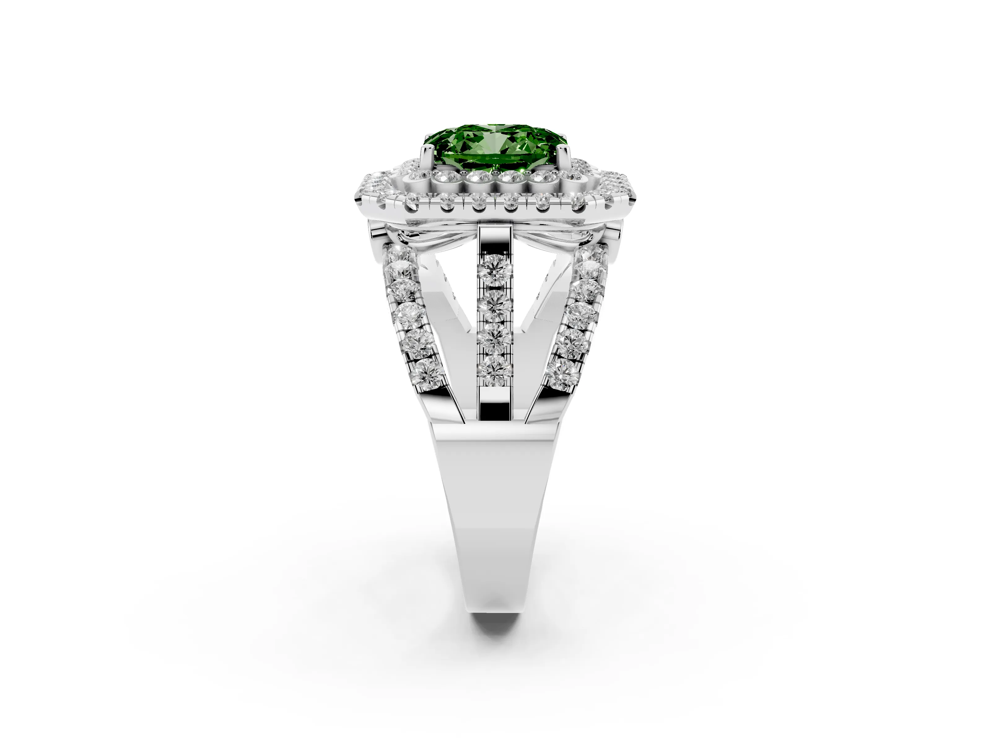 Fancy Green Emerald Cut Diamond Double Halo Ring Set in Silver with Round Pavé Split Shank