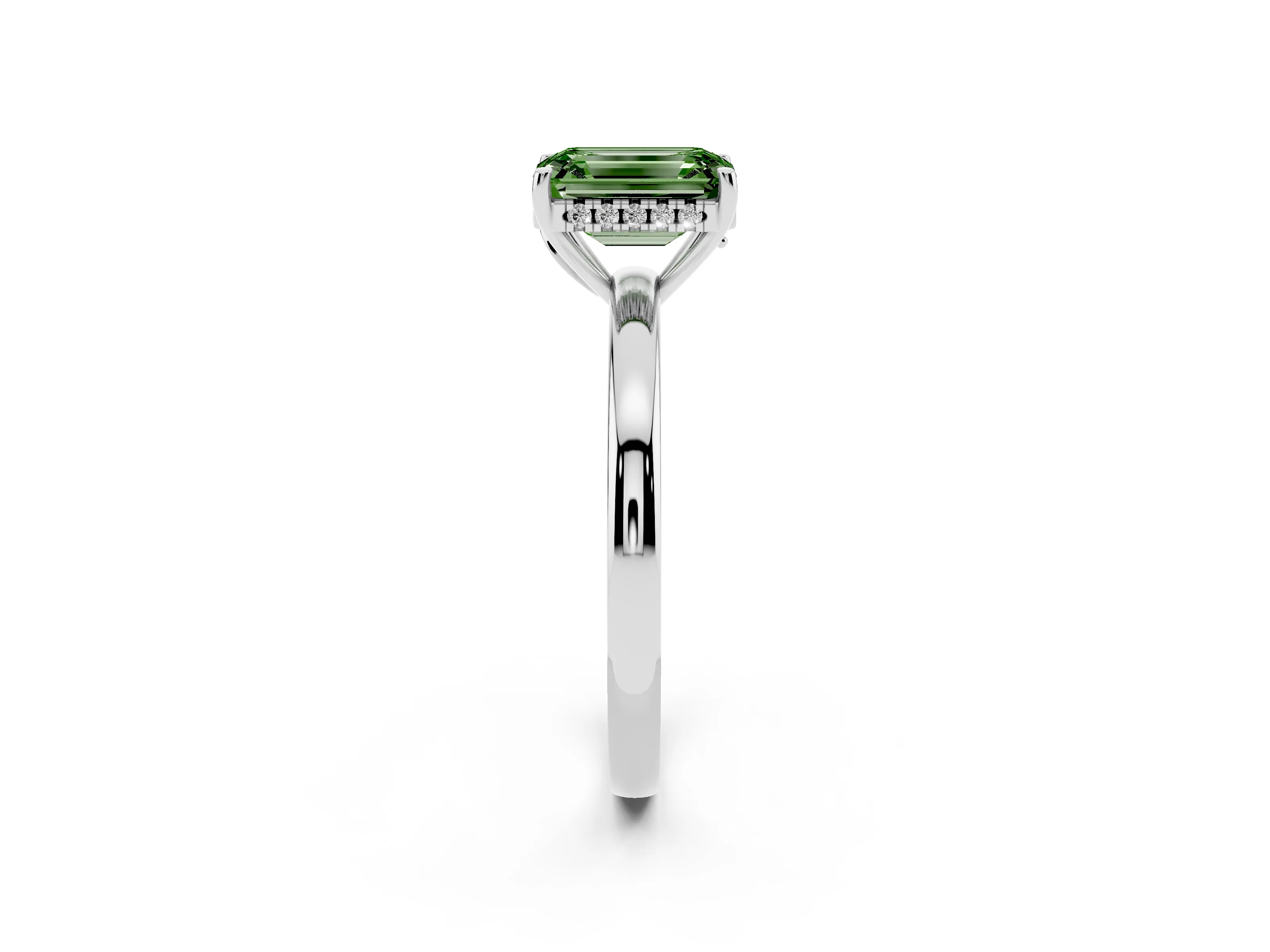 Fancy Green Emerald Cut Diamond Solitaire Ring Set in Silver with Plain Band and Prong Setting