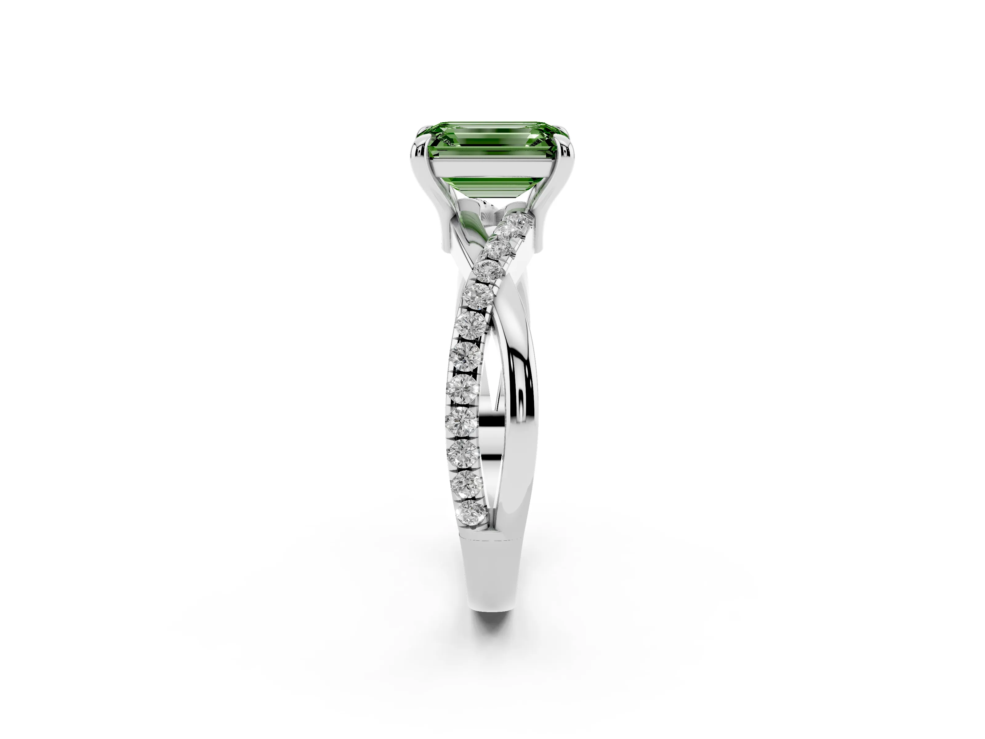 Fancy Green Emerald Cut Diamond Twist Band Pavé Solitaire Ring Set in Silver with Prong Setting