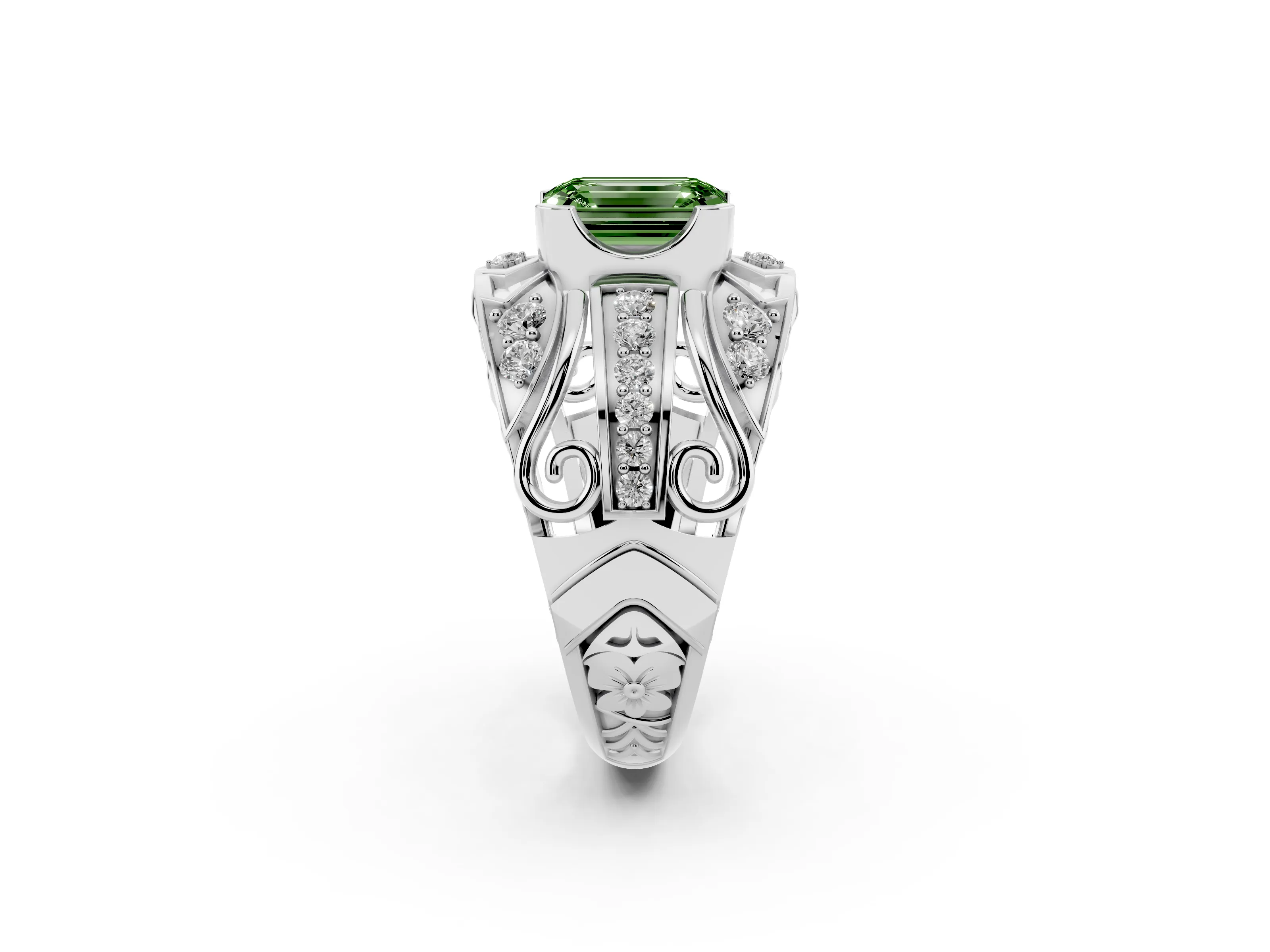 Fancy Green Emerald Cut Diamond Art Deco Ring Set in Platinum with Pavé Split Shank