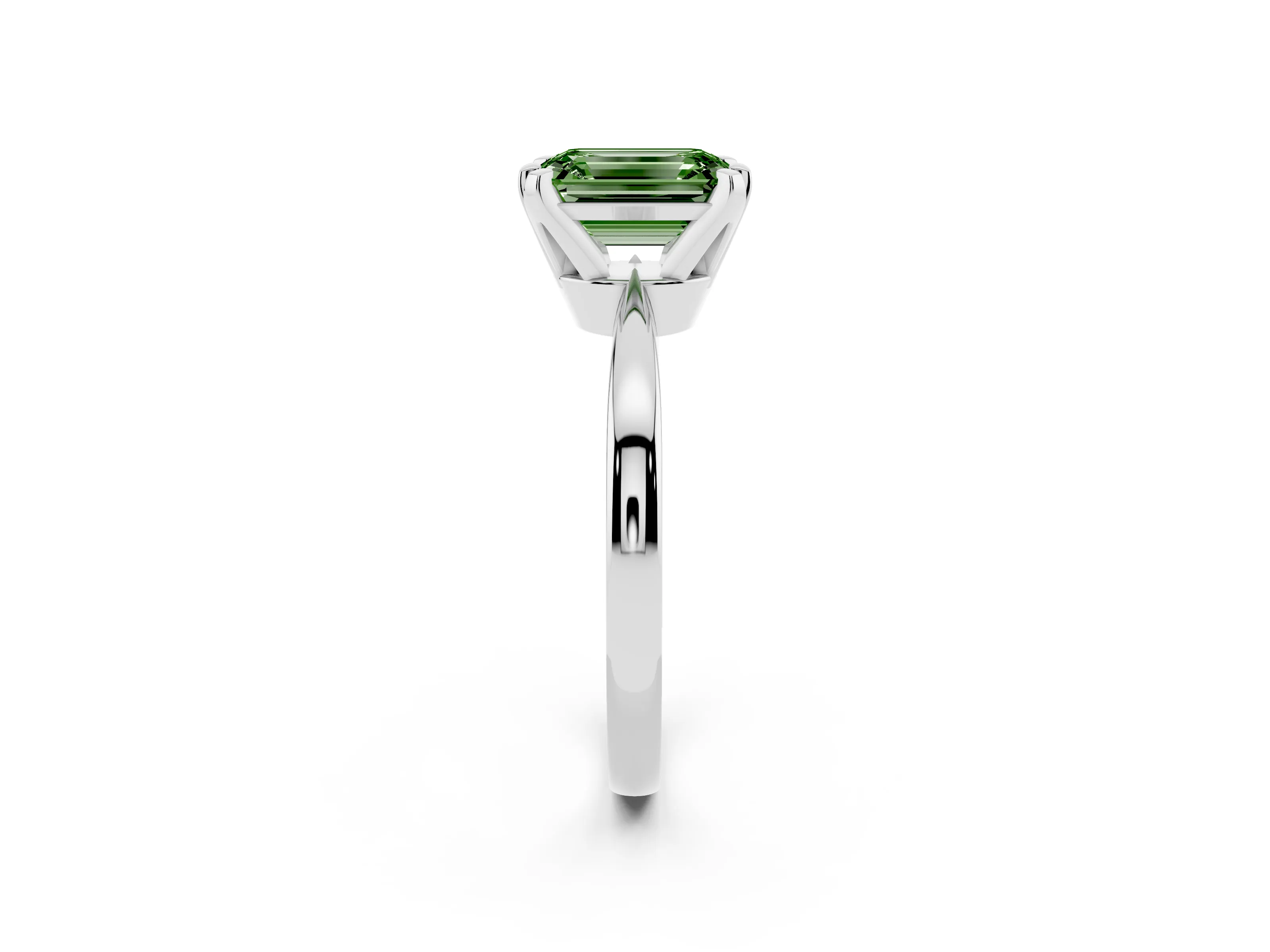 Fancy Green Emerald Cut Diamond Solitaire Engagement Ring Set in White gold with Slim Tapered Solitaire Band