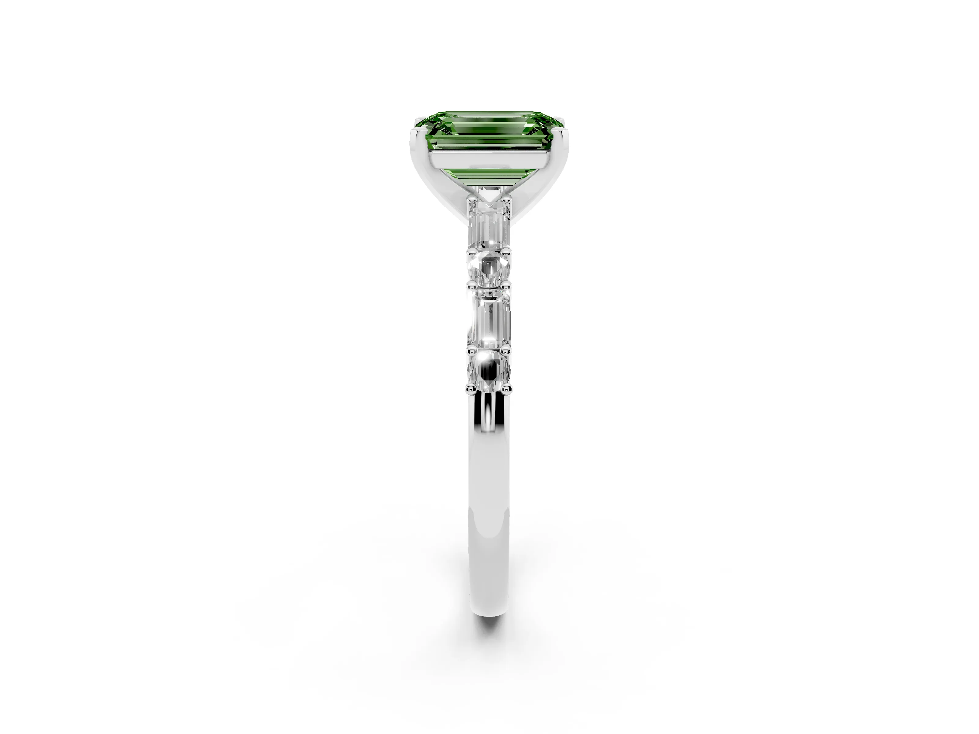 Fancy Green Emerald Cut Diamond Solitaire Set in Platinum with Side Baguettes and Channel Set Band