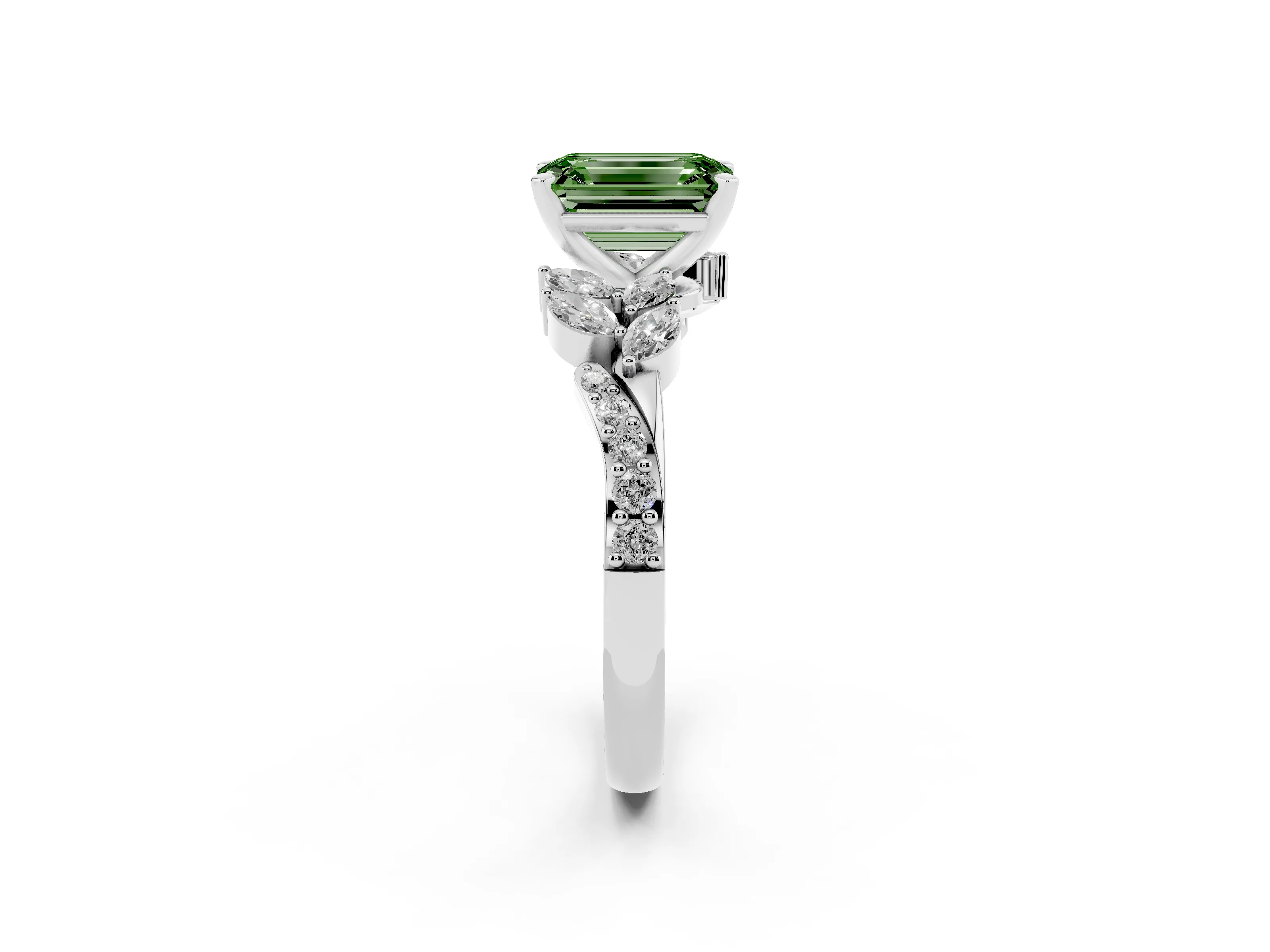 Fancy Green Emerald Cut Diamond Solitaire Ring Set in White gold with Marquise Twist Band and Prong Setting