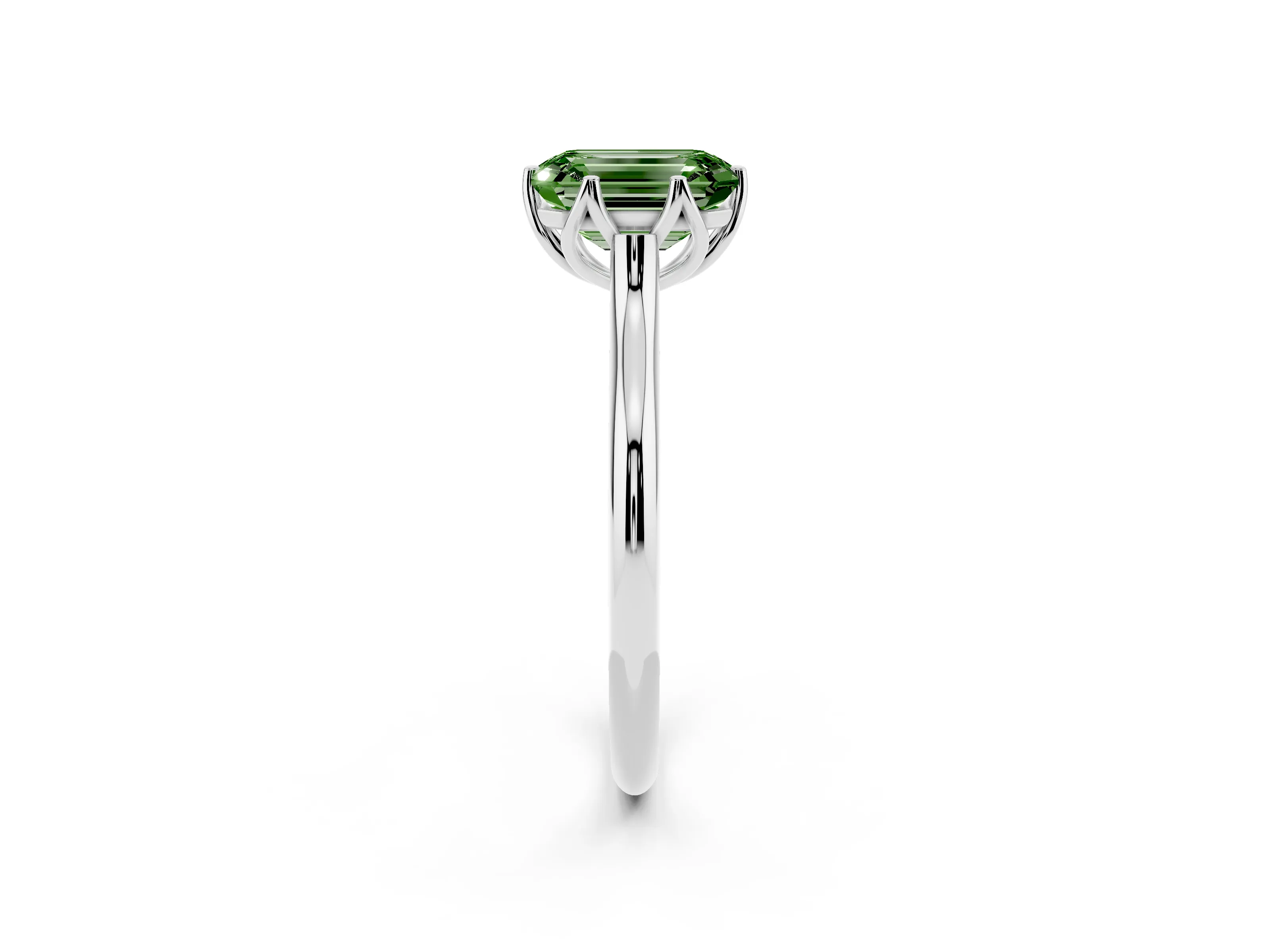 Fancy Green Emerald Cut Diamond Solitaire Cathedral Ring Set in Silver with Prong Setting