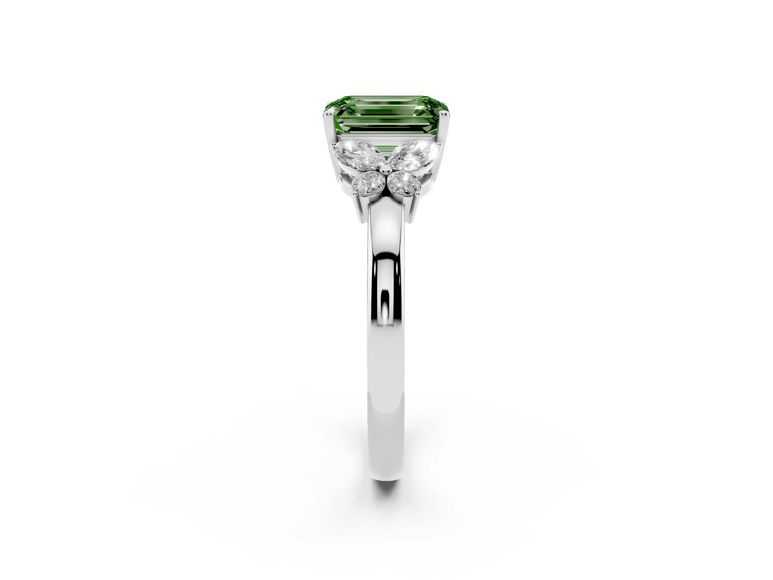 Fancy Green Emerald Cut Diamond Solitaire Floral Ring Set in Platinum with Marquise Petals and Prong Setting