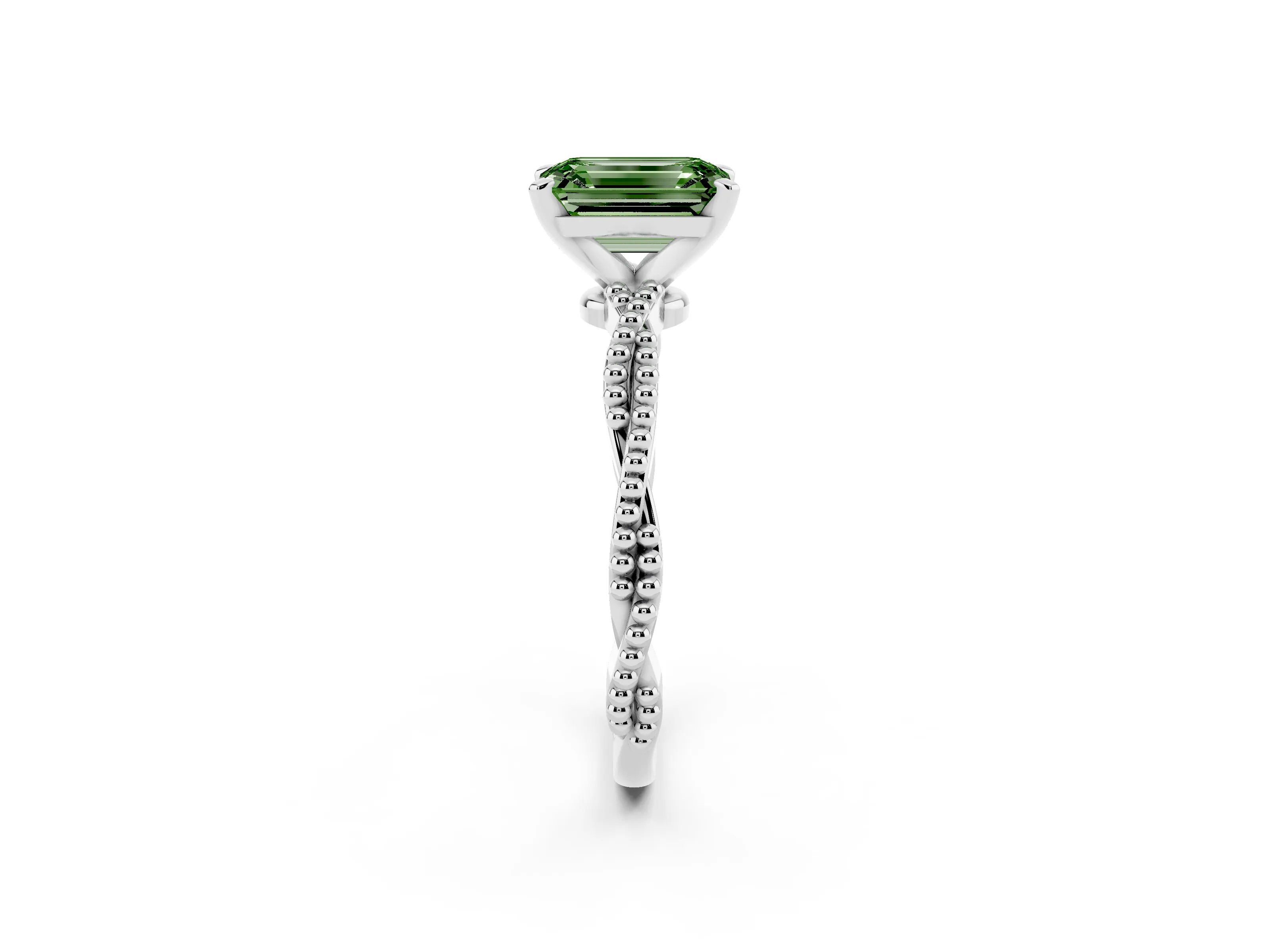 Fancy Green Emerald Cut Diamond Solitaire Ring Set in White gold with Twisted Band and Bead Prong Setting