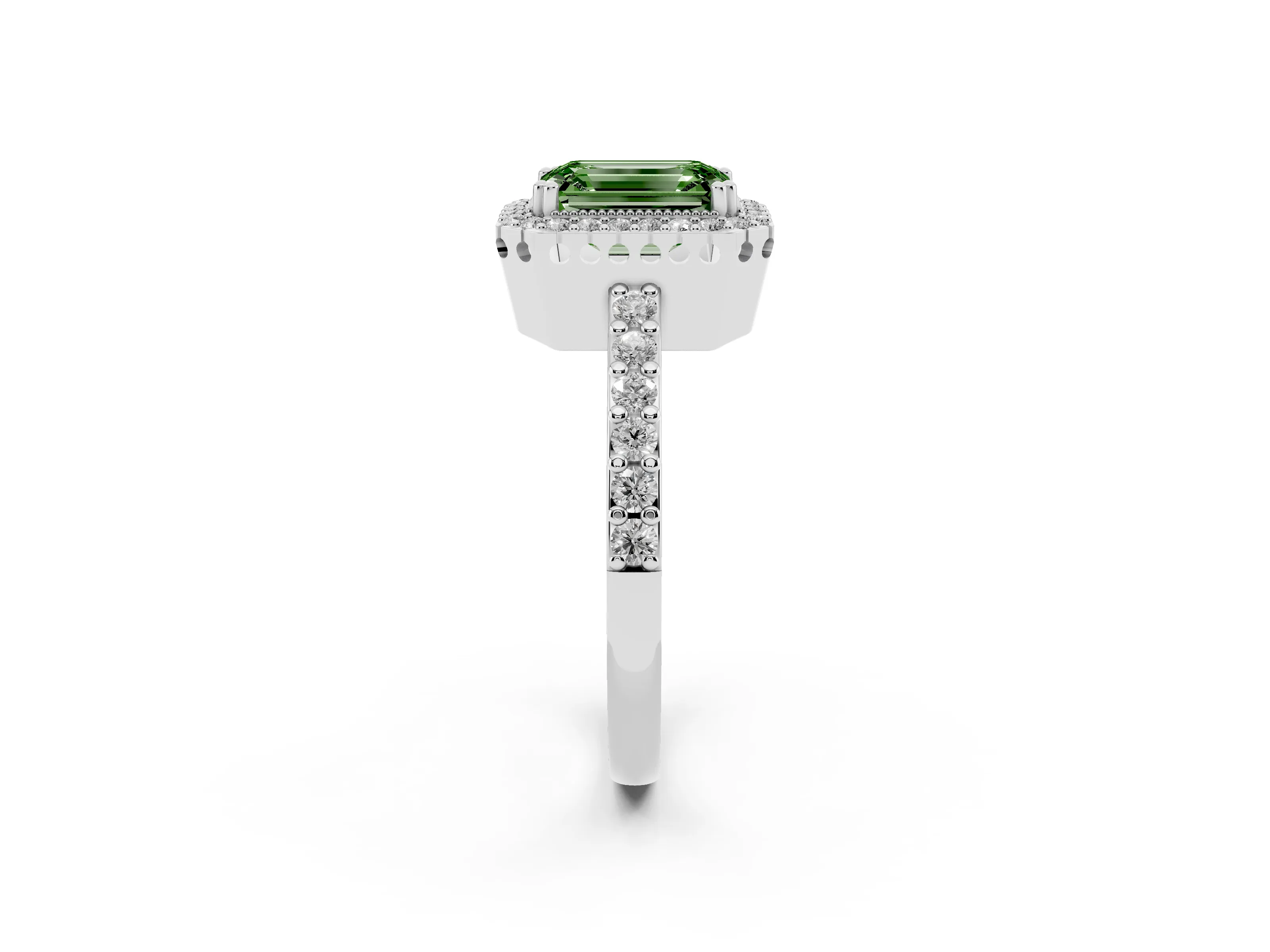 Fancy Green Emerald Cut Diamond Halo Engagement Ring Set in White gold with Milgrain Detail and Pavé Band
