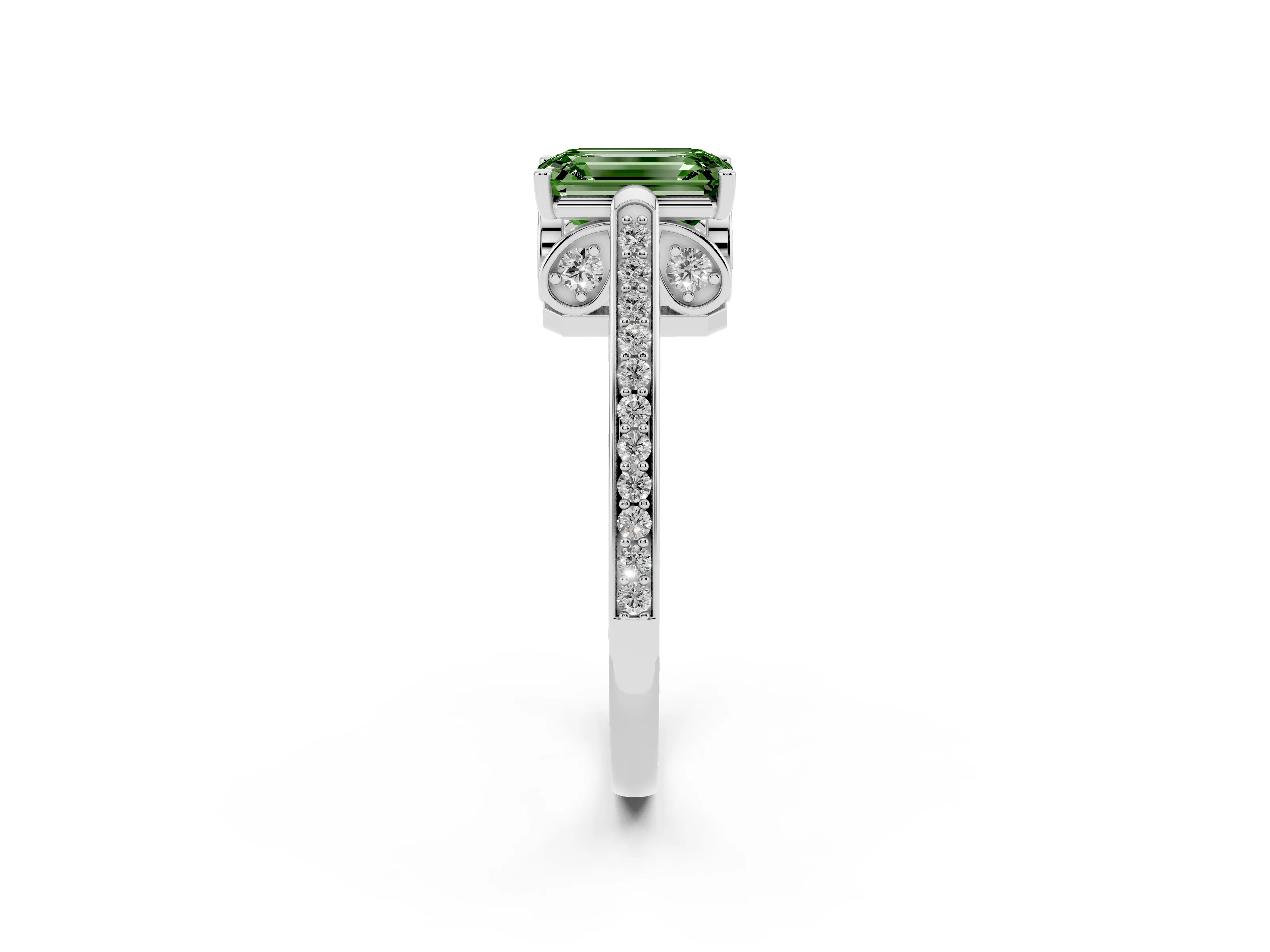 Fancy Green Emerald Cut Diamond Cathedral Pavé Engagement Ring Set in Silver with Prong Setting
