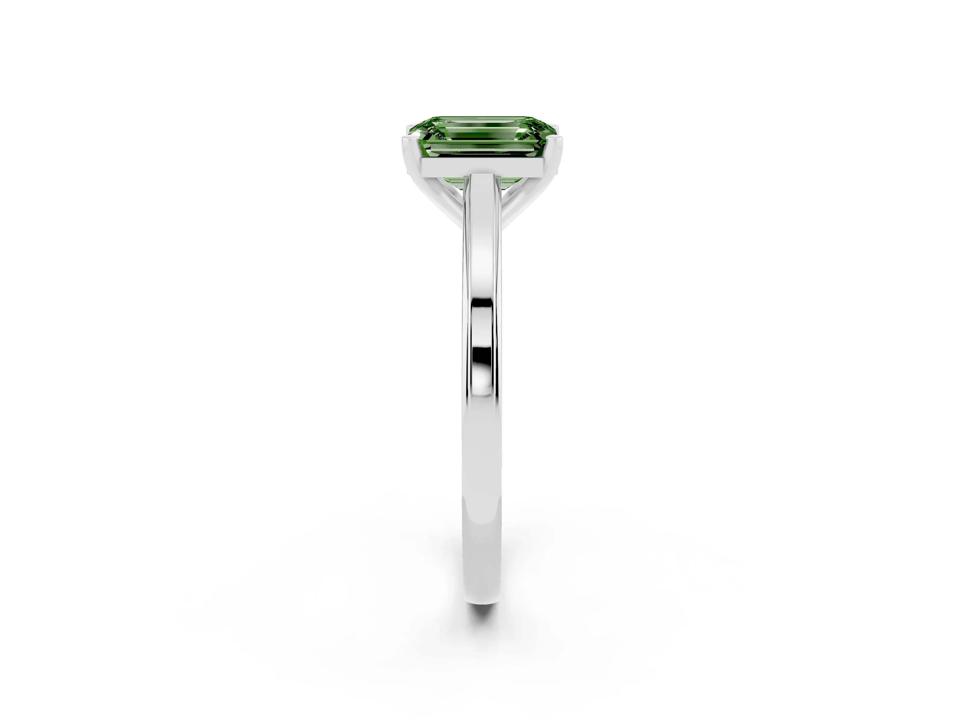 Fancy Green Emerald Cut Diamond Solitaire Ring Set in Platinum with Prong Setting and Classic Band