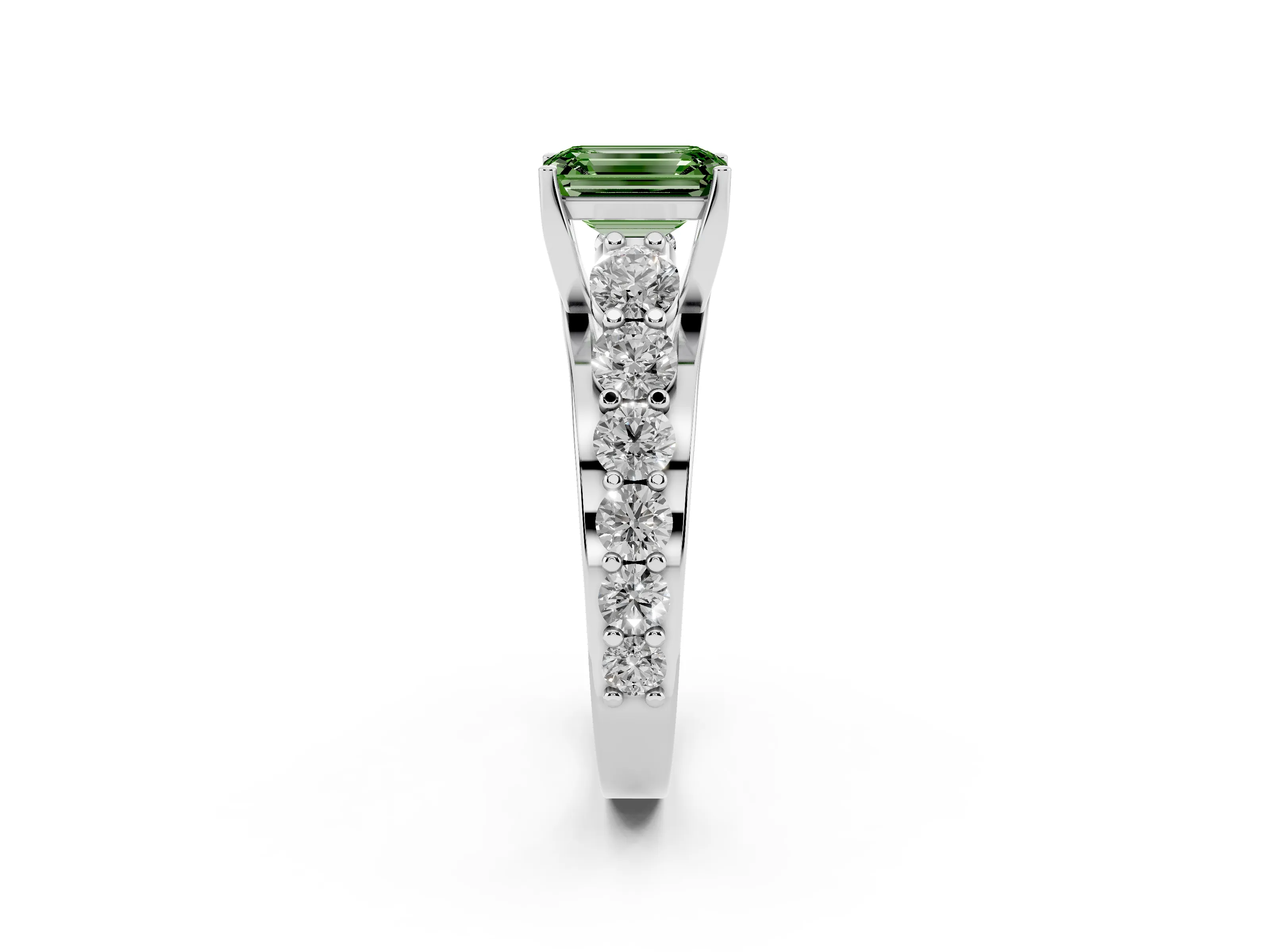 Fancy Green Emerald Cut Diamond Pavé Engagement Ring Set in White gold with Prong Setting