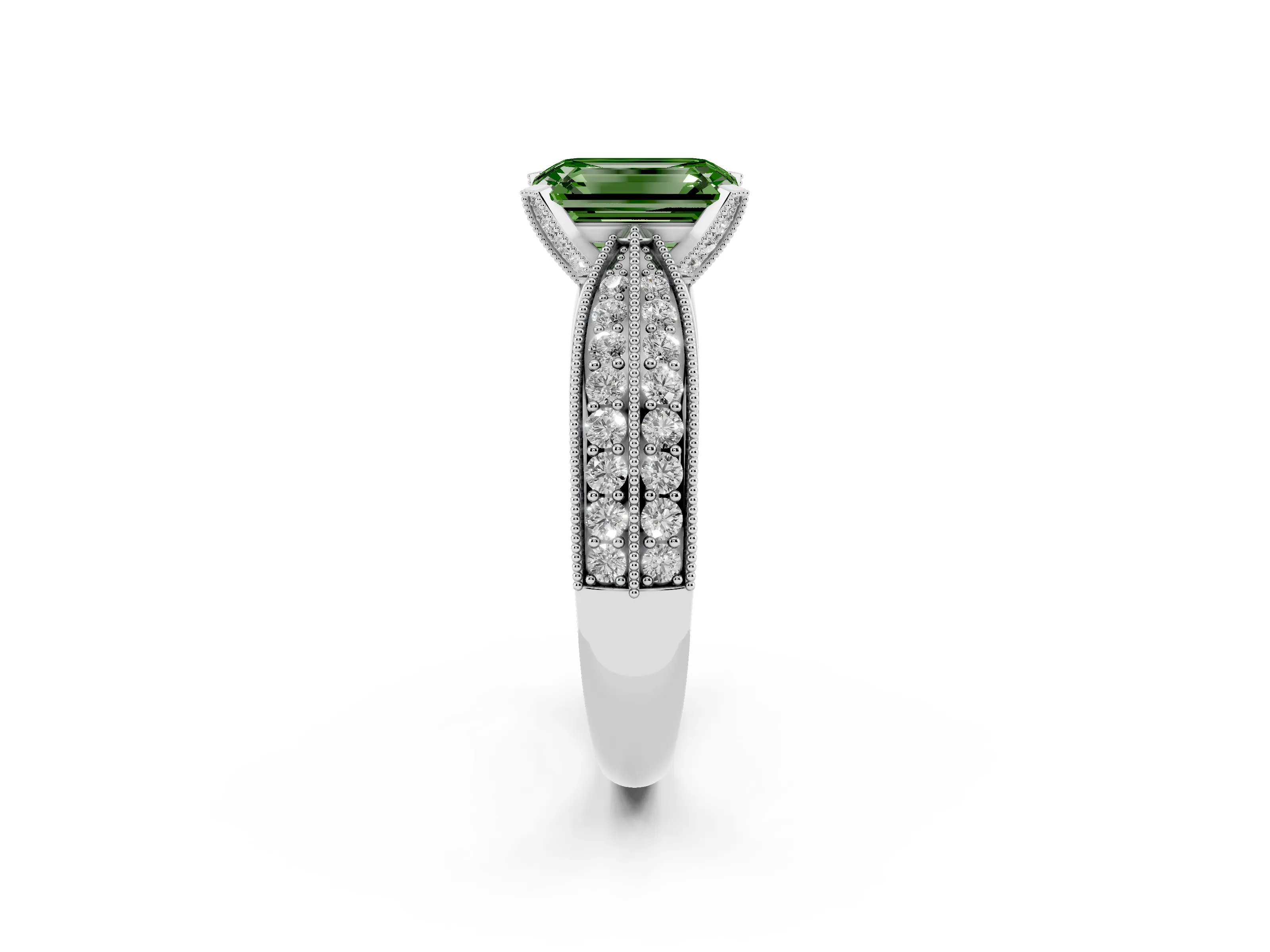Fancy Green Emerald Cut Diamond Solitaire Ring Set in Platinum with Milgrain Double Row Round Pavé Band