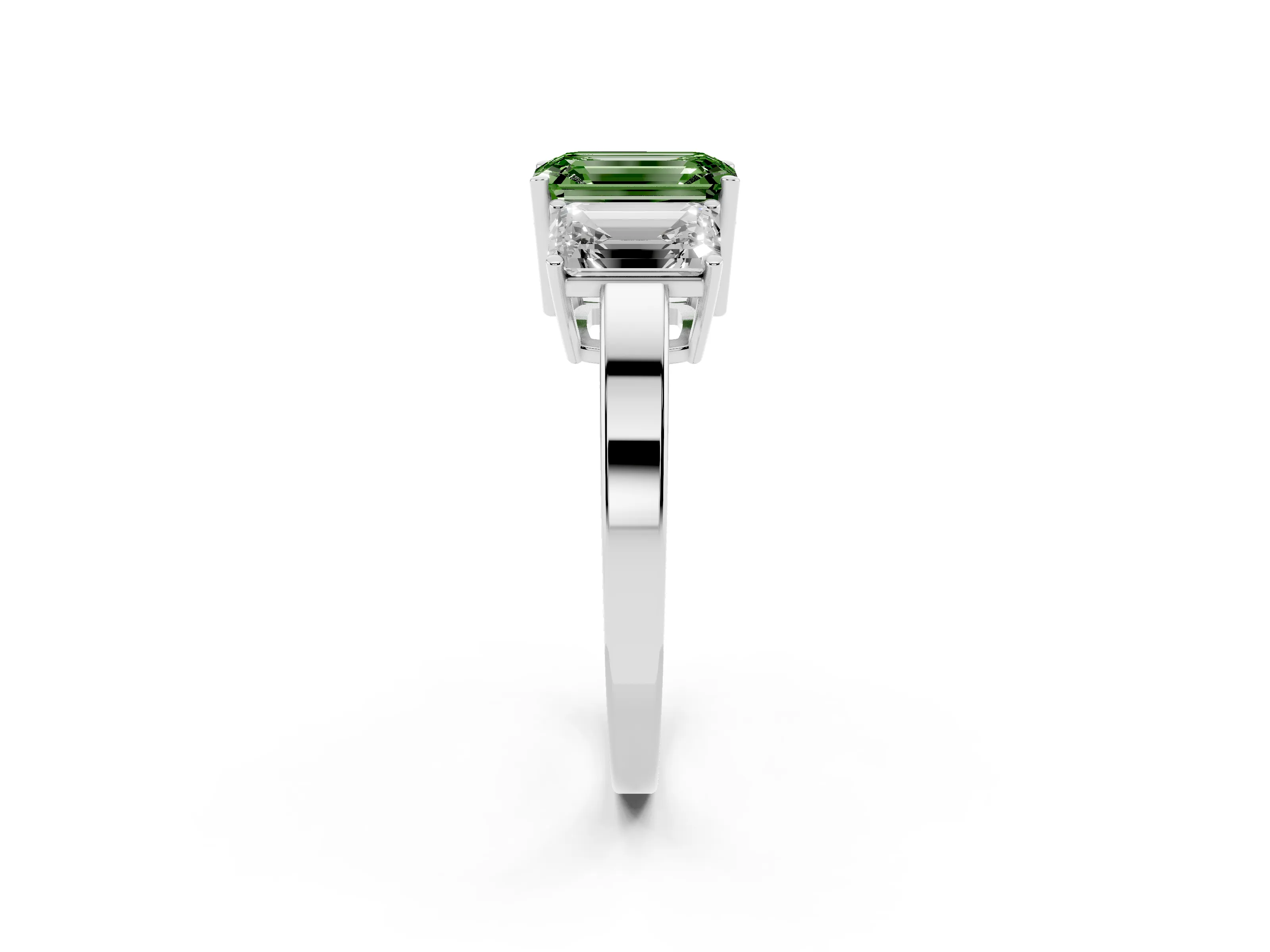 Fancy Green Emerald Cut Diamond Three-Stone Engagement Ring Set in Silver with Flat Band