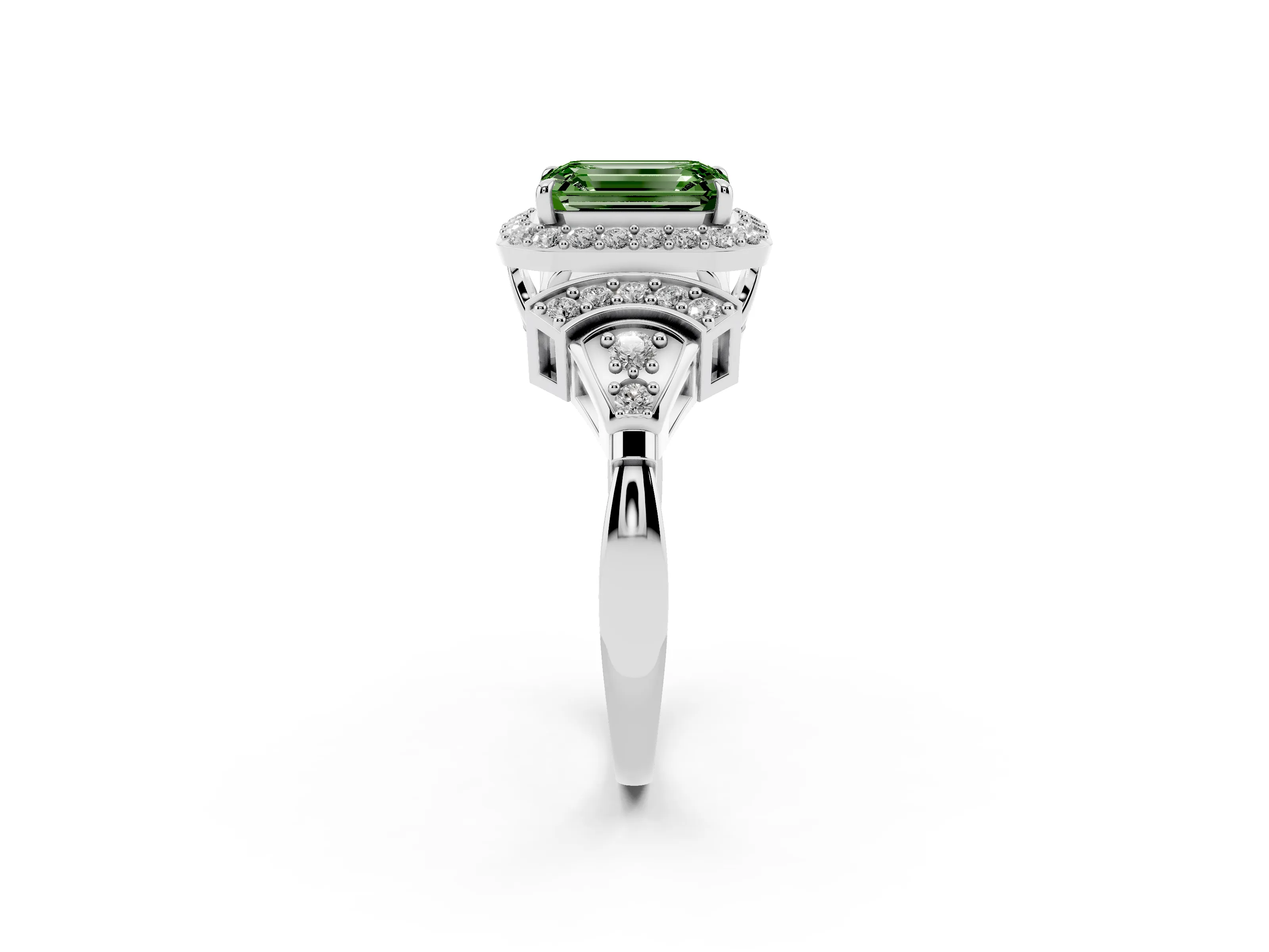Fancy Green Emerald Cut Diamond Halo Engagement Ring Set in White gold with Accent Stone Split Shank