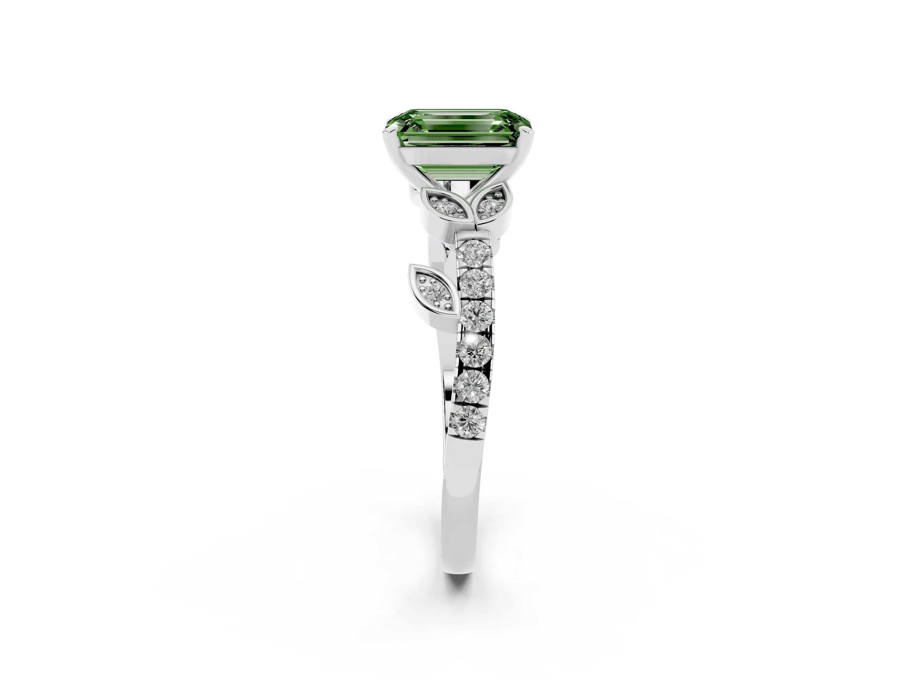 Fancy Green Emerald Cut Diamond Solitaire Leaf-Inspired Ring Set in Silver with Pavé Band and Prong Setting