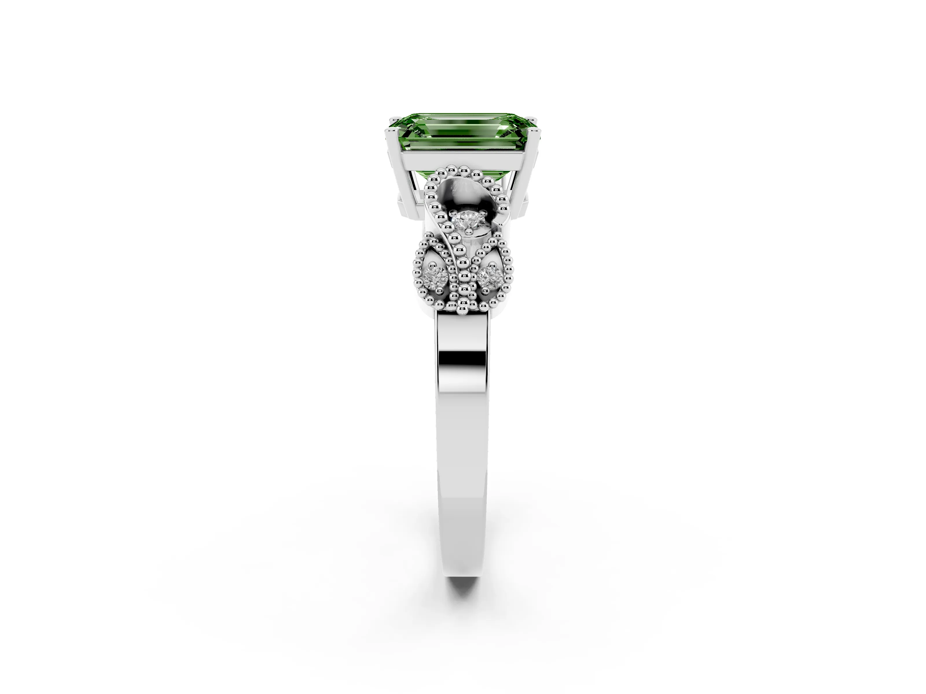 Fancy Green Emerald Cut Diamond Milgrain Leaf Band Solitaire Ring Set in White gold with Accent Stones and Prong Setting