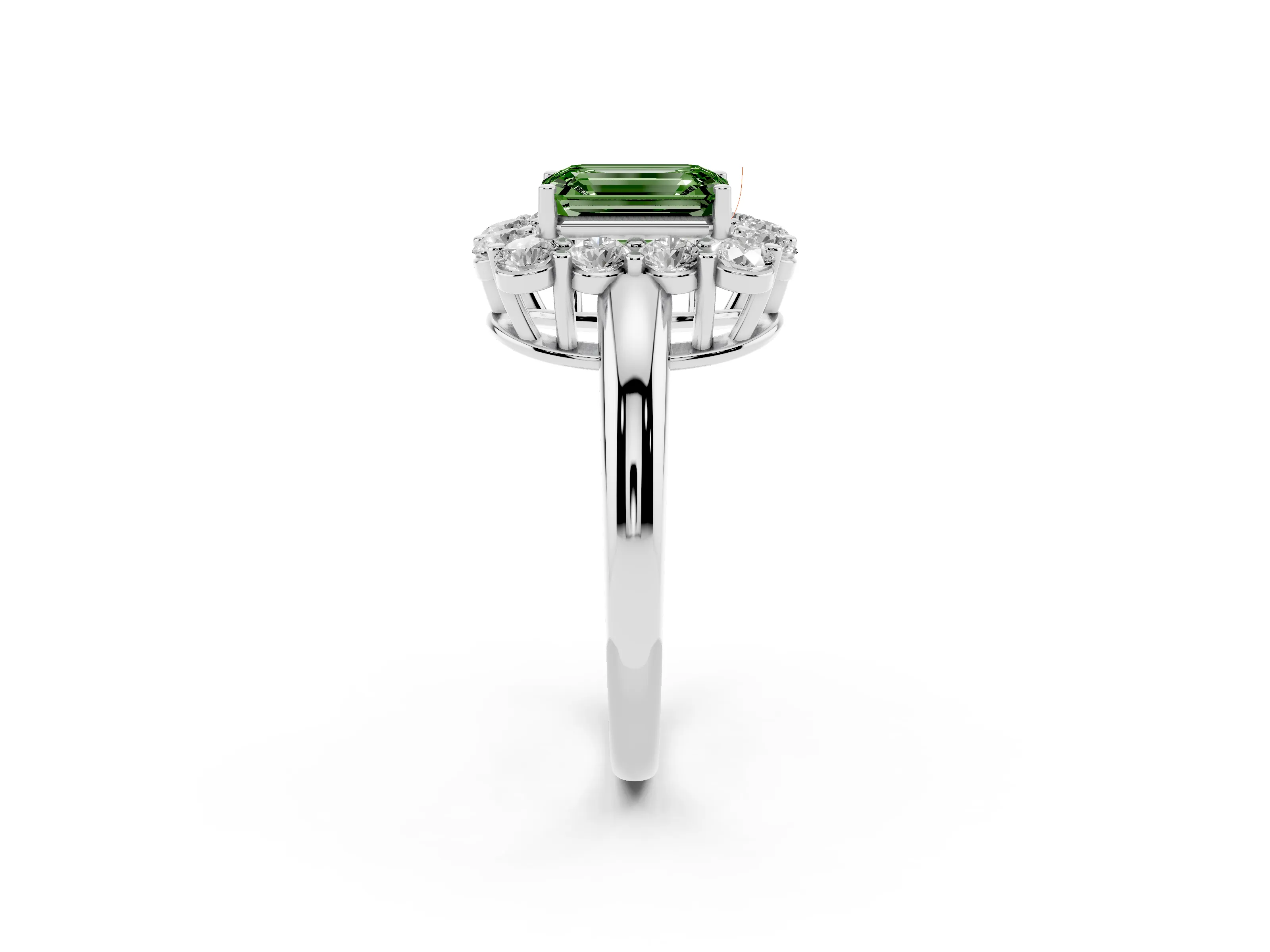 Fancy Green Emerald Cut Diamond Halo Cluster Engagement Ring Set in Silver with Polished Band and Prong Setting