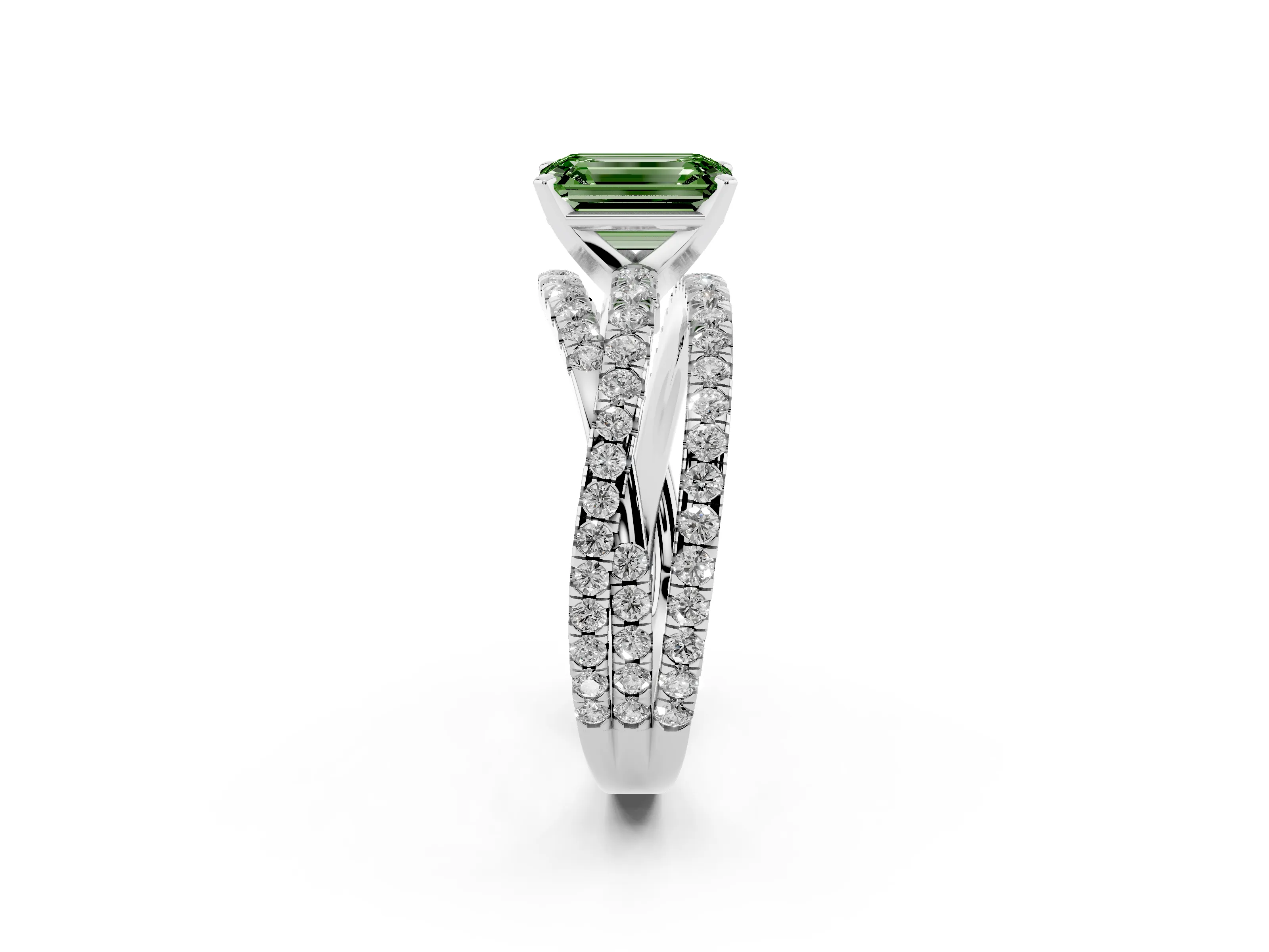 Fancy Green Emerald Cut Diamond Solitaire Twist Band Ring Set in Silver with Pavé Setting and Prong Head