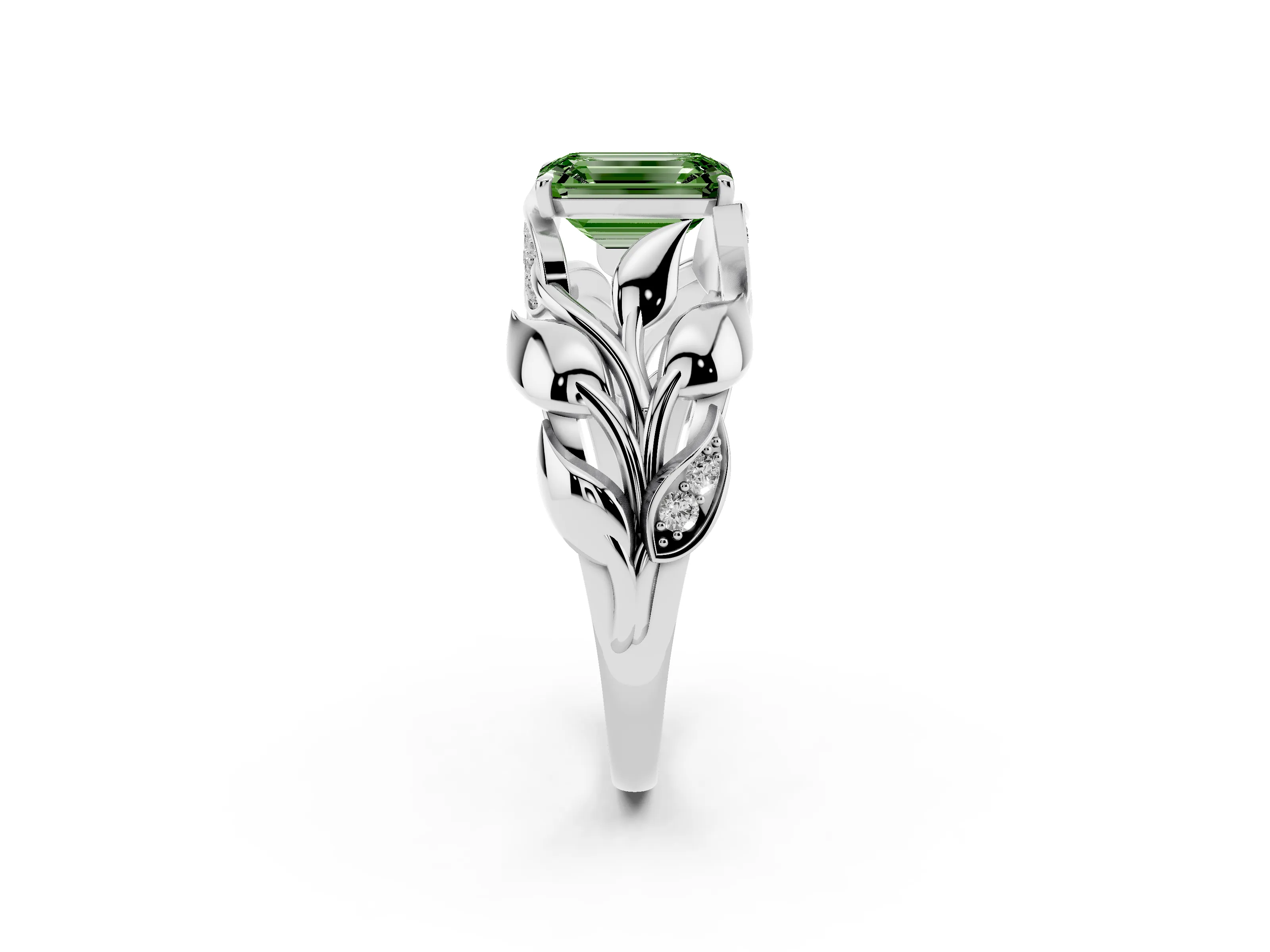 Fancy Green Emerald Cut Diamond Leaf-Inspired Engagement Ring Set in White gold with Round Accents