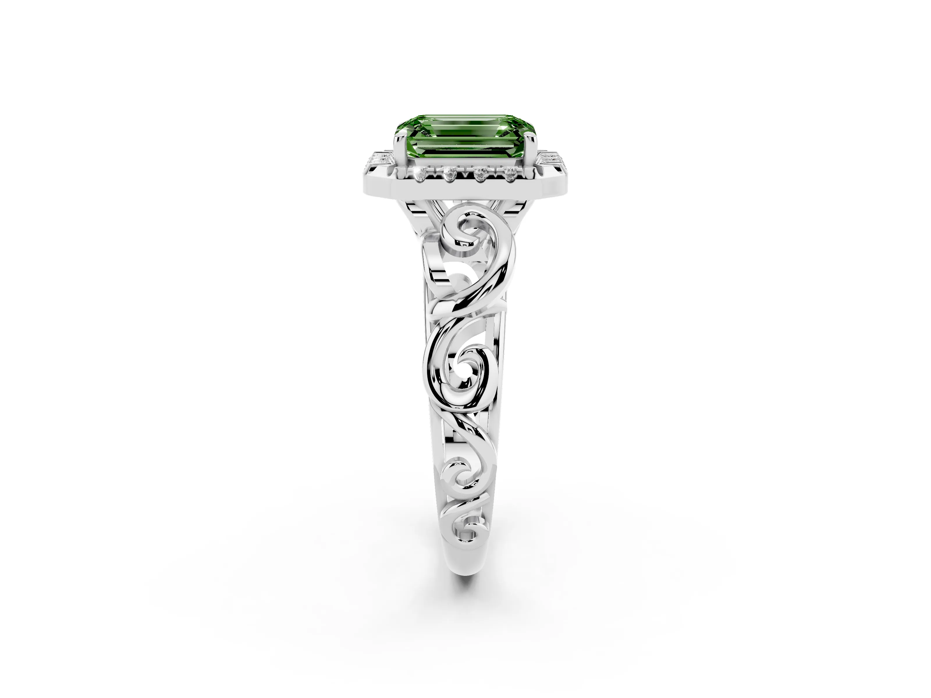 Fancy Green Emerald Cut Diamond Halo Ring Set in Platinum with Scrollwork Band and Prong Setting