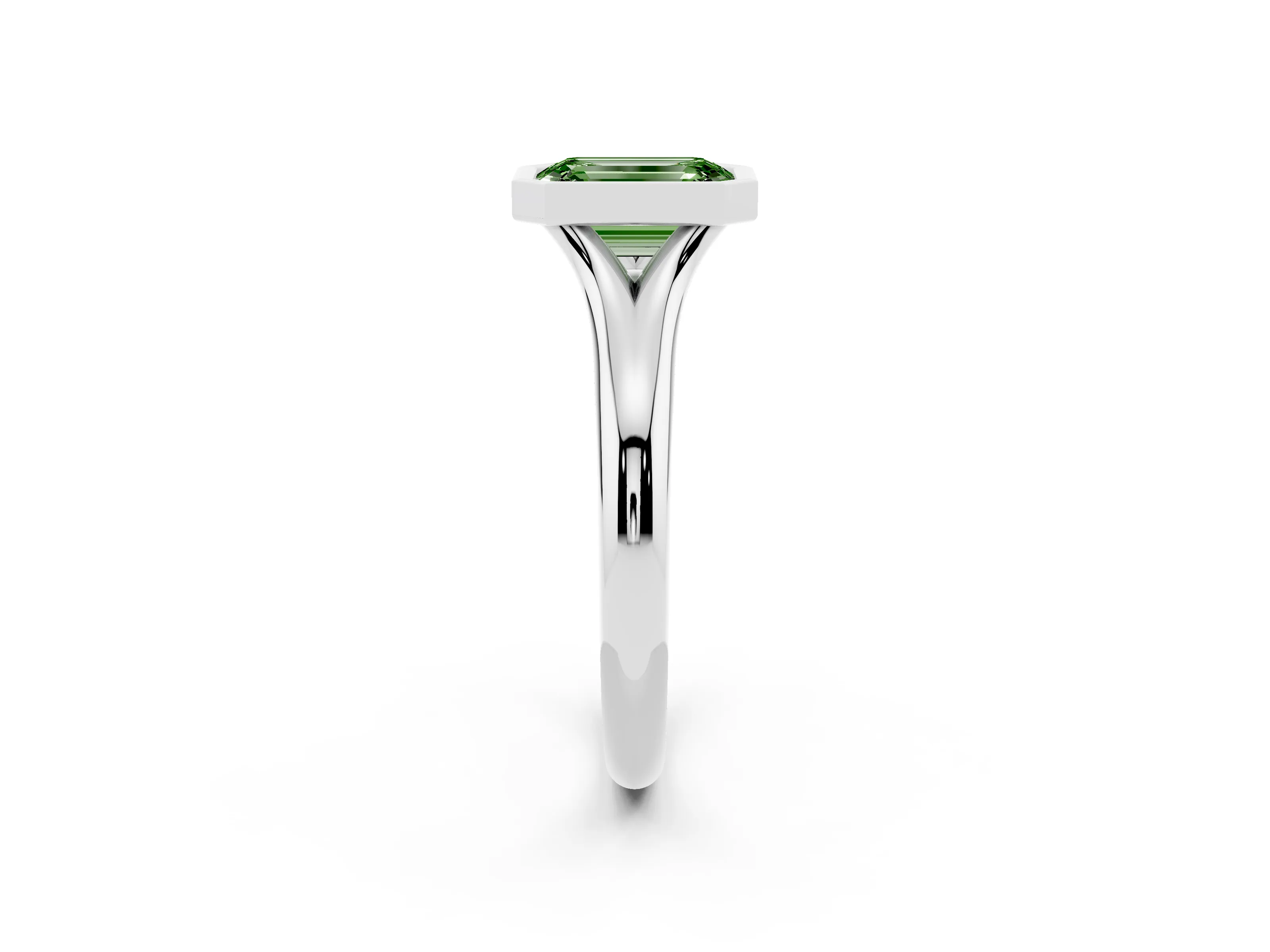 Fancy Green Bezel Set Emerald Cut Diamond Solitaire Ring Set in Platinum with Smooth Band