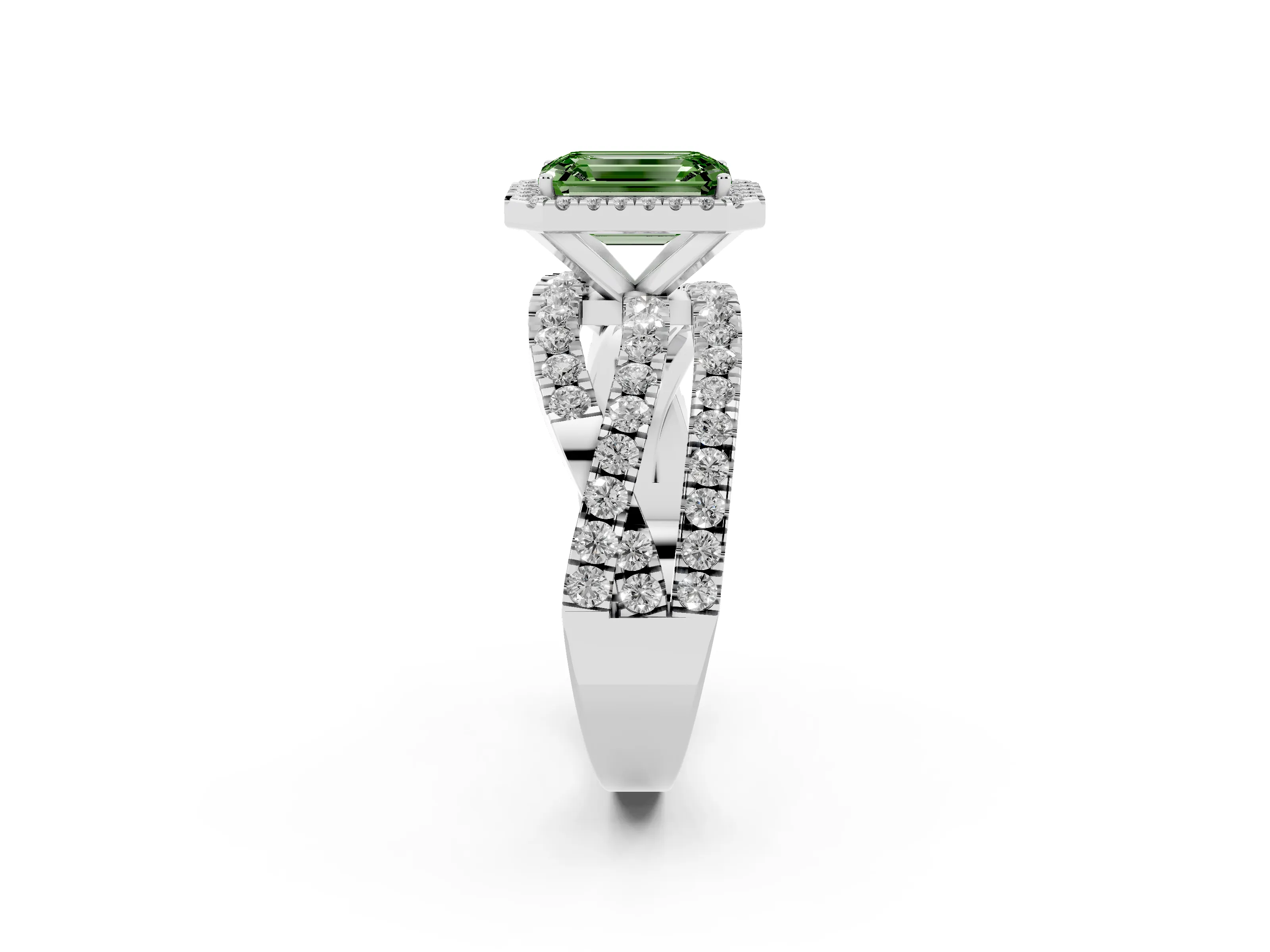 Fancy Green Emerald Cut Diamond Halo Ring Set in Silver with Round Crossover Split Shank and Prong Setting