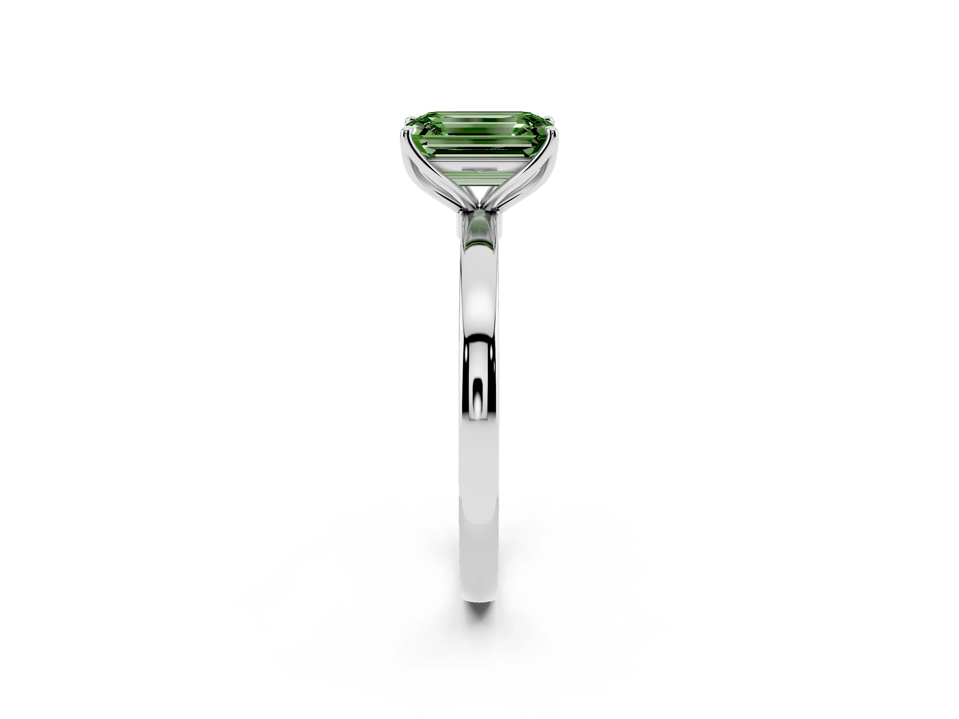Fancy Green Emerald Cut Diamond Solitaire Ring Set in White gold with Prong Setting and Thin Polished Band