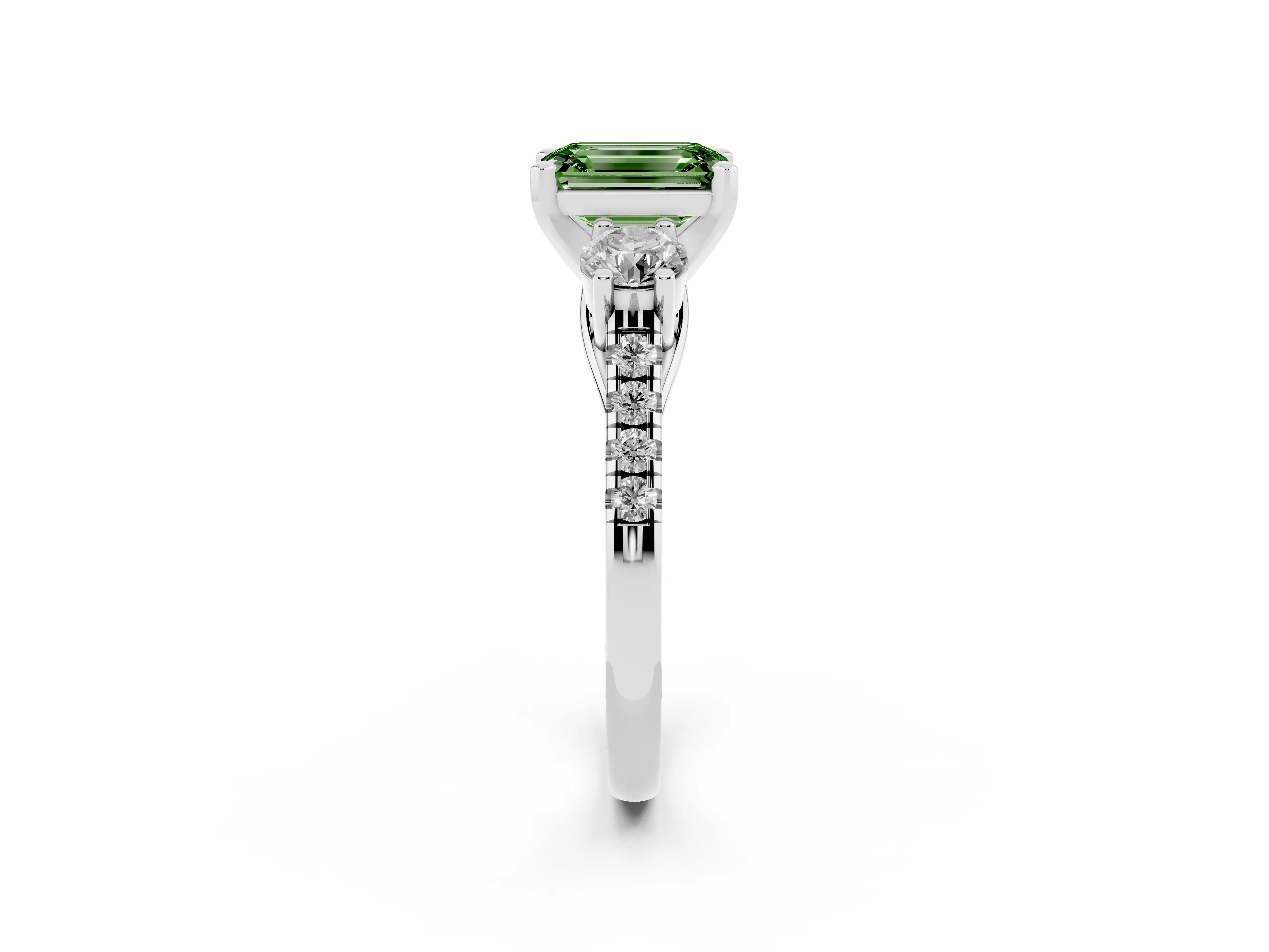 Fancy Green Three-Stone Emerald Cut Diamond Pavé Band Ring Set in Silver with Prong-Set Trio