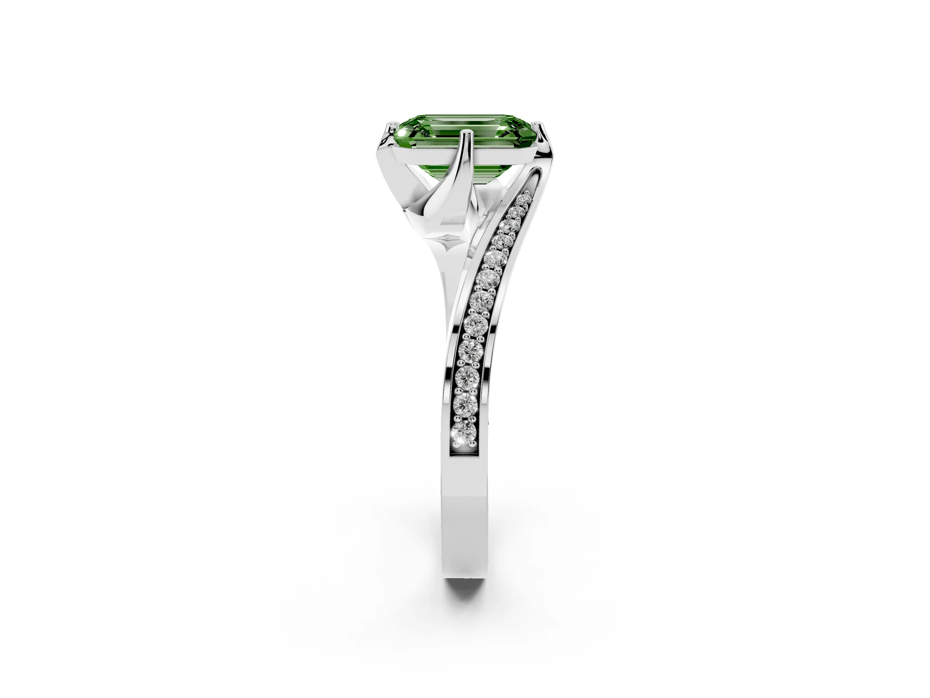 Fancy Green Emerald Cut Diamond Solitaire Ring Set in Platinum with Intertwined Pavé Twist Band