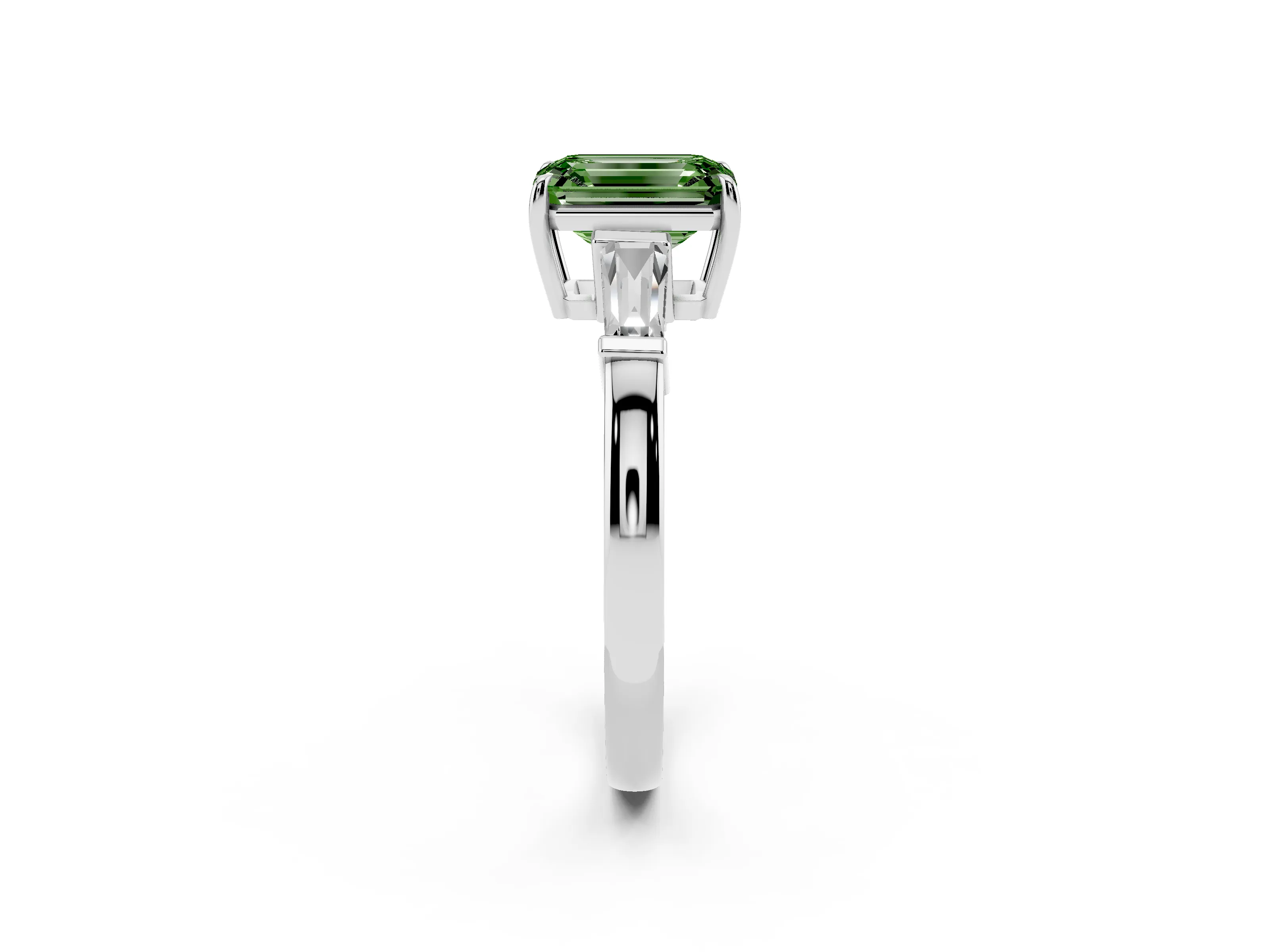 Fancy Green Emerald Cut Diamond Three-Stone Ring Set in Platinum with Tapered Baguette Side Stones and Prong Setting