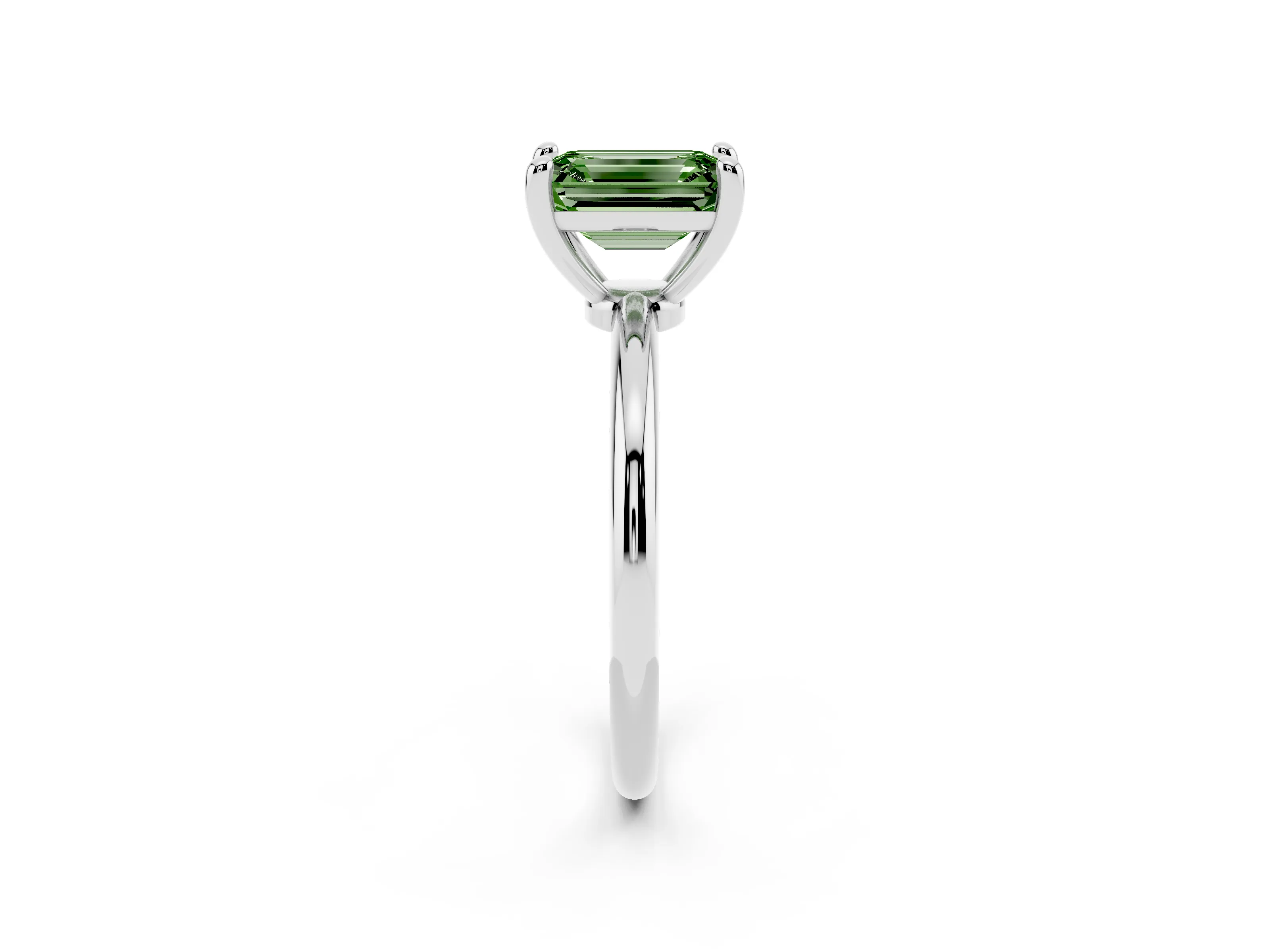 Fancy Green Emerald Cut Diamond Solitaire Ring Set in Platinum with Secure Prong Setting on a Classic Band
