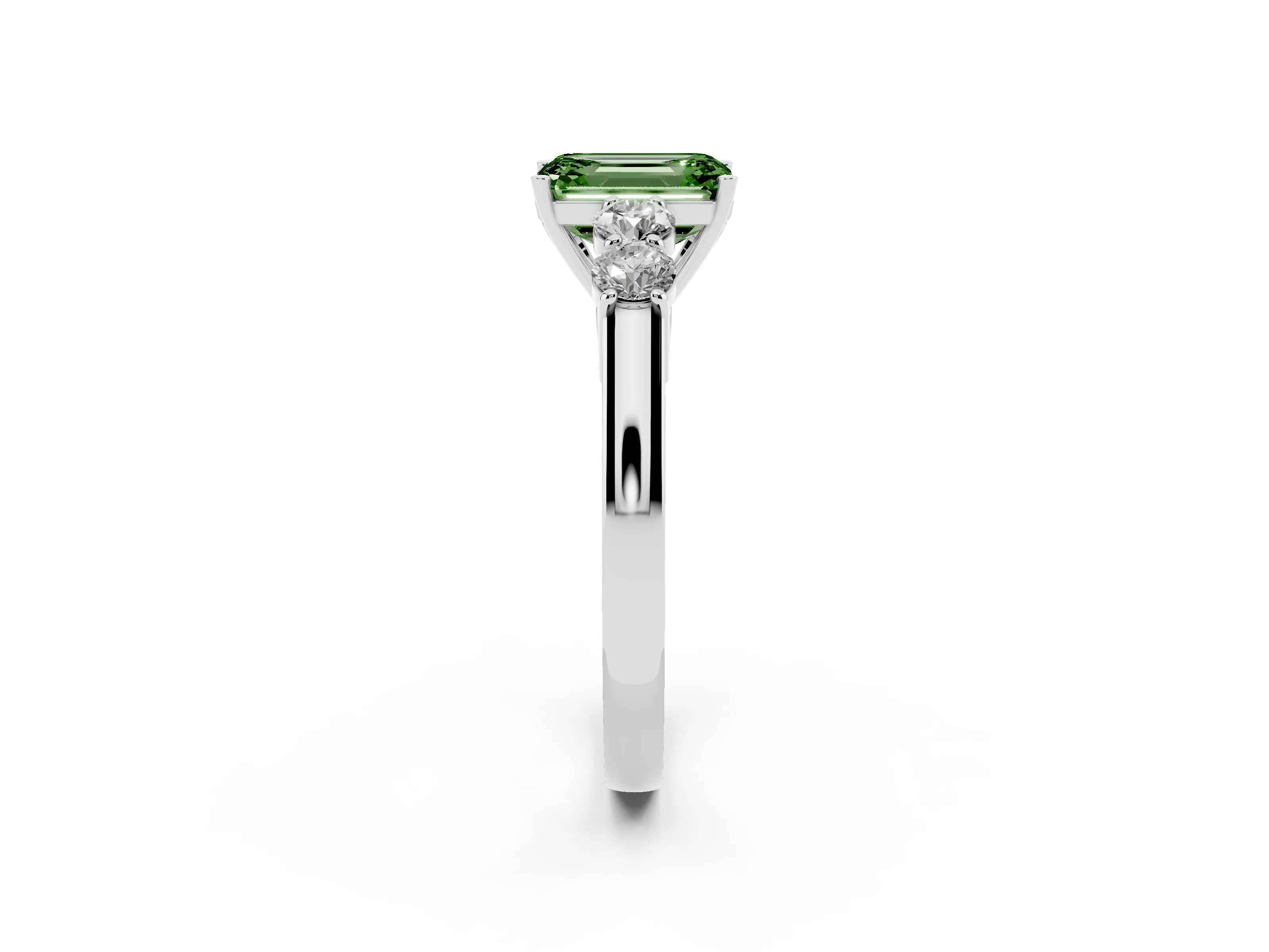 Fancy Green Emerald Cut Diamond Five-Stone Prong Set Band Ring Set in White gold with Polished Band