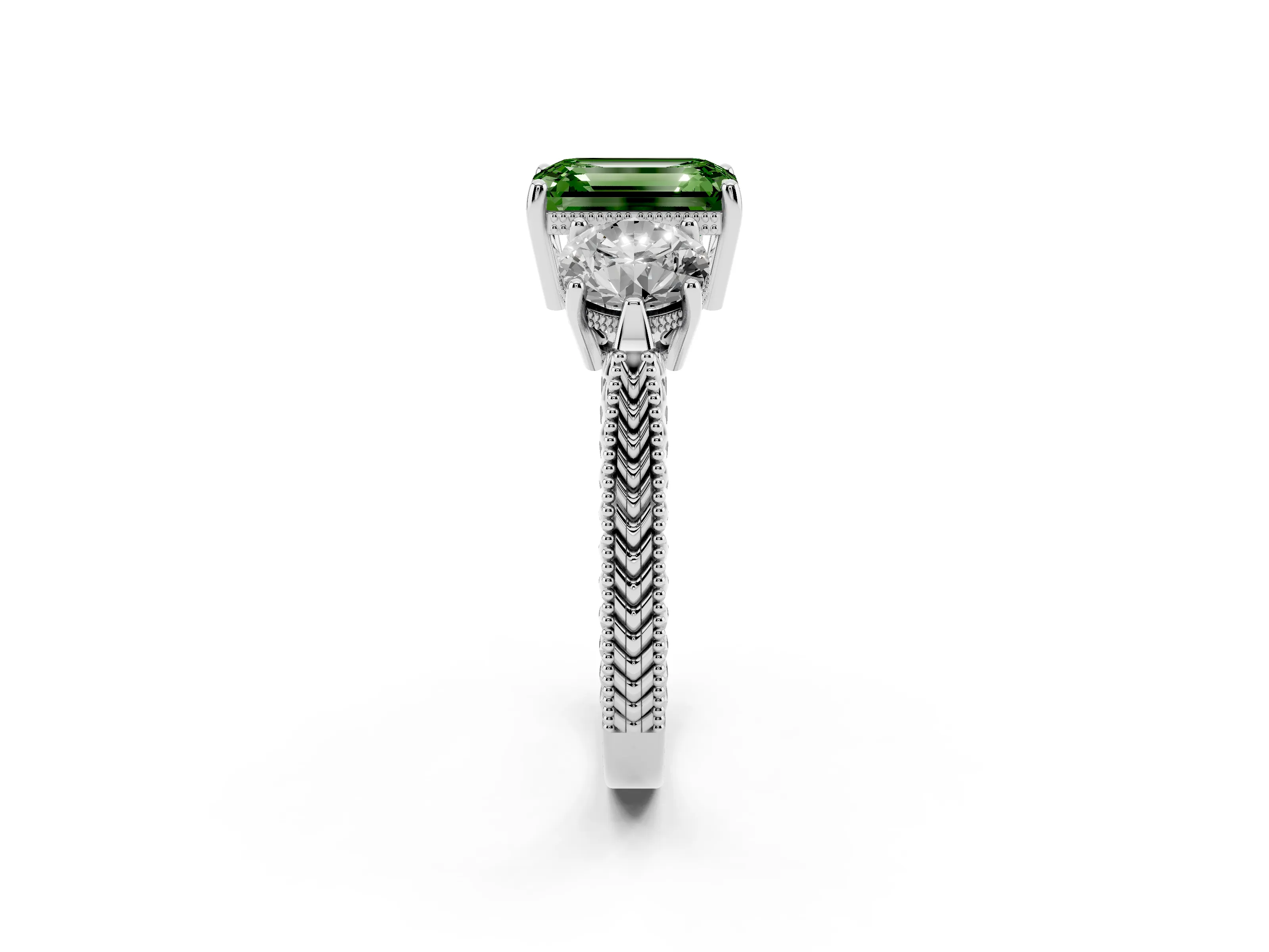 Fancy Green Emerald Cut Diamond Three-Stone Ring Set in Silver with Milgrain Band
