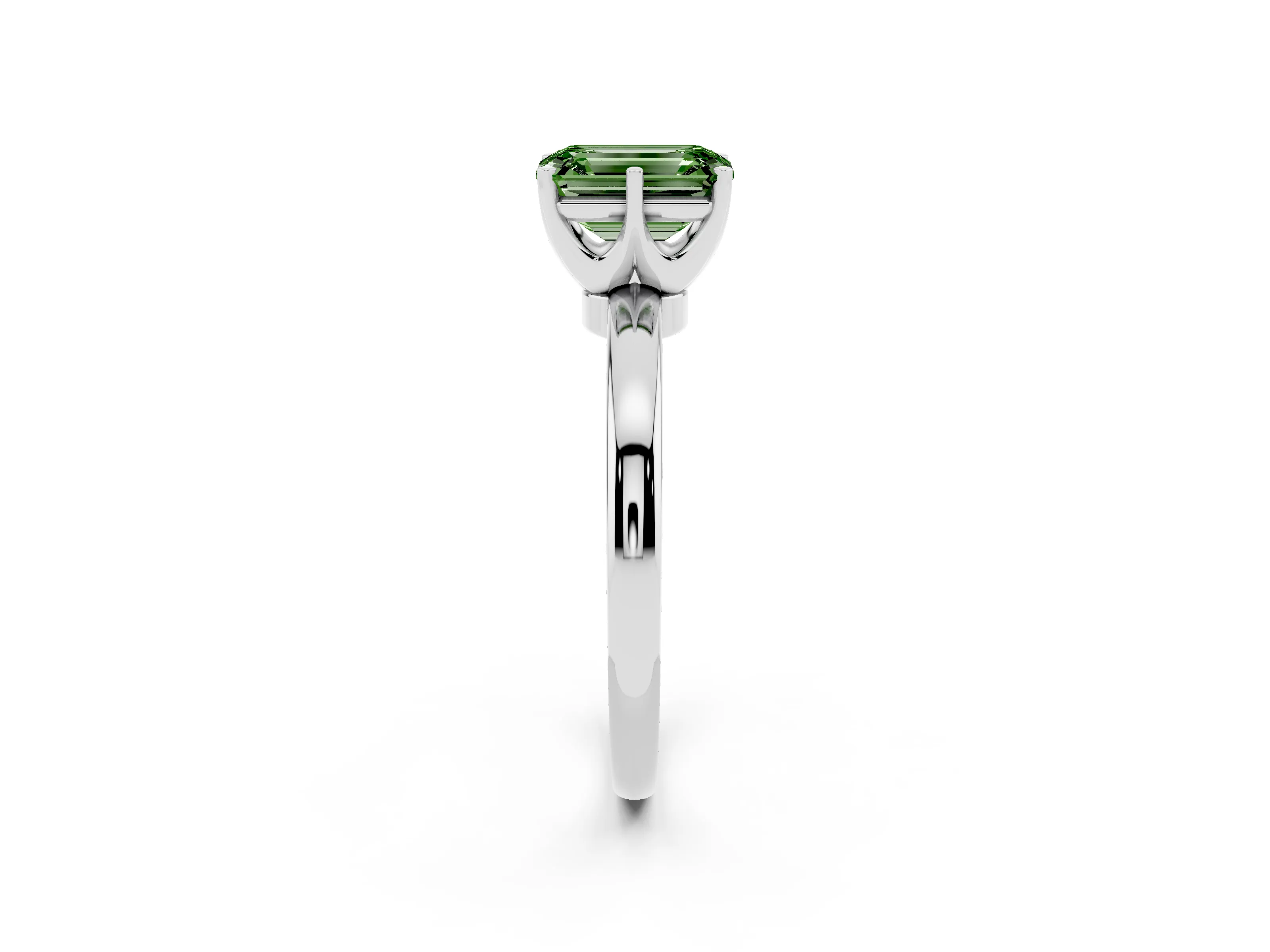 Fancy Green Emerald Cut Diamond Solitaire Ring Set in Silver with Raised Prong Setting on a Classic Band