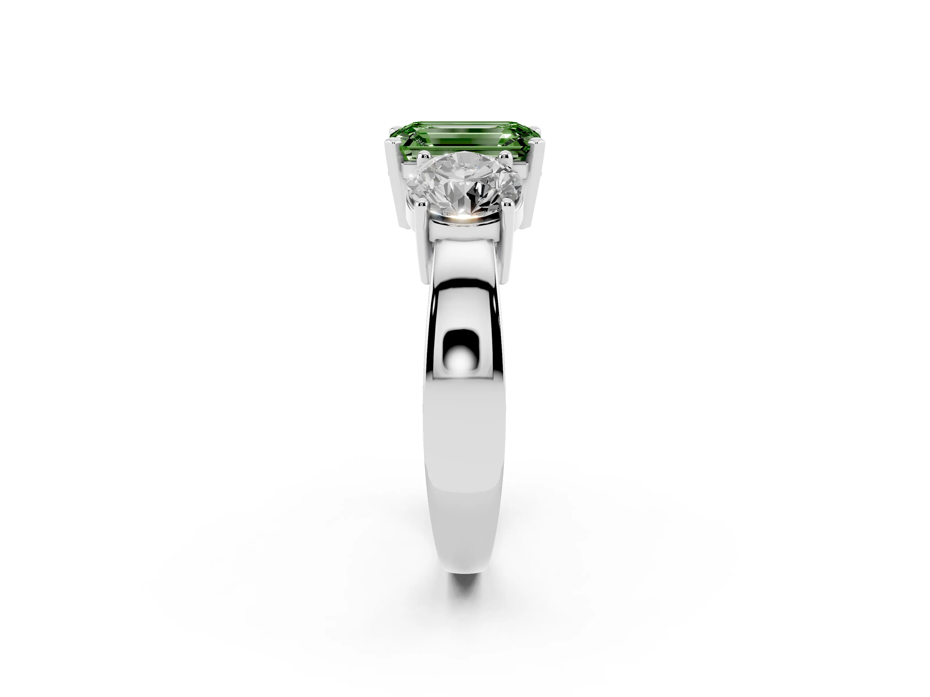 Fancy Green Emerald Cut Diamond Three-Stone Ring Set in Silver with Round Side Stones and Classic Band