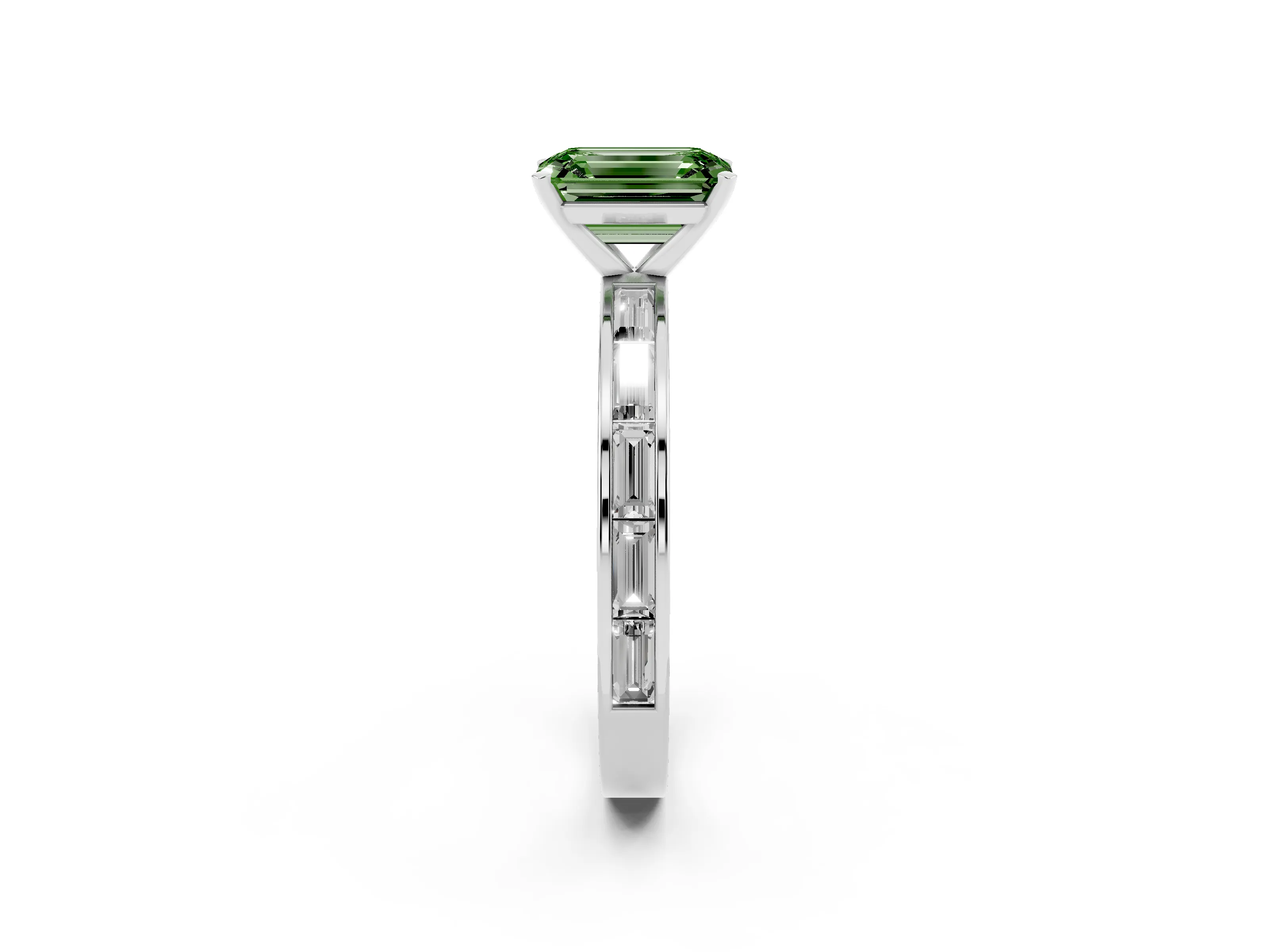 Fancy Green Emerald Cut Diamond Solitaire Ring Set in Platinum with Channel-Set Baguette Band and Prong Setting