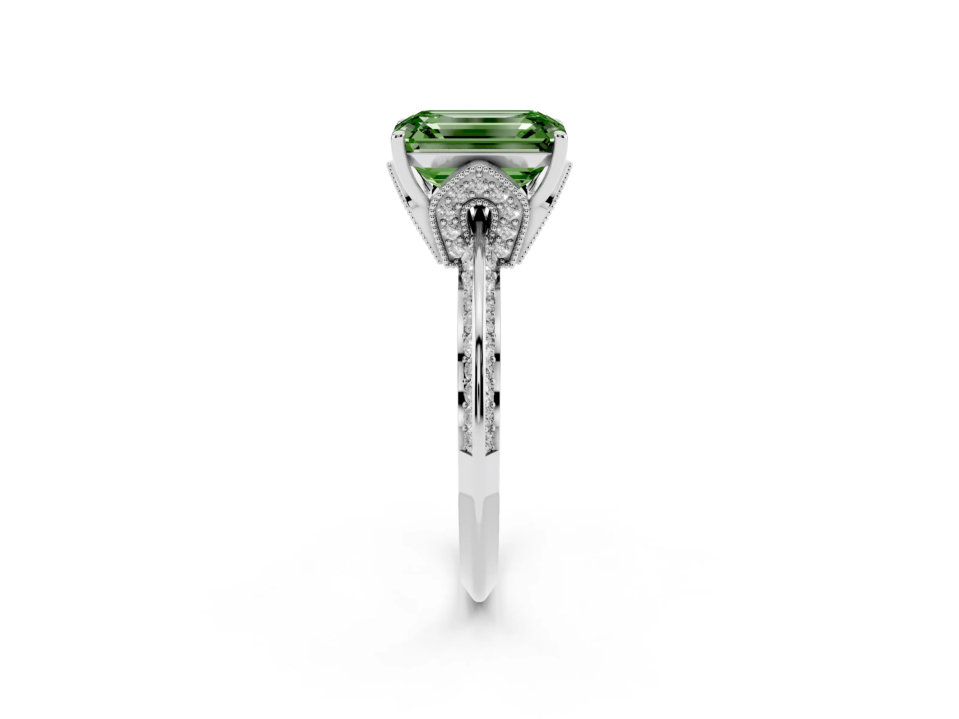 Fancy Green Emerald Cut Diamond Solitaire Engagement Ring Set in Platinum with Pavé Split Shank and Prong Setting