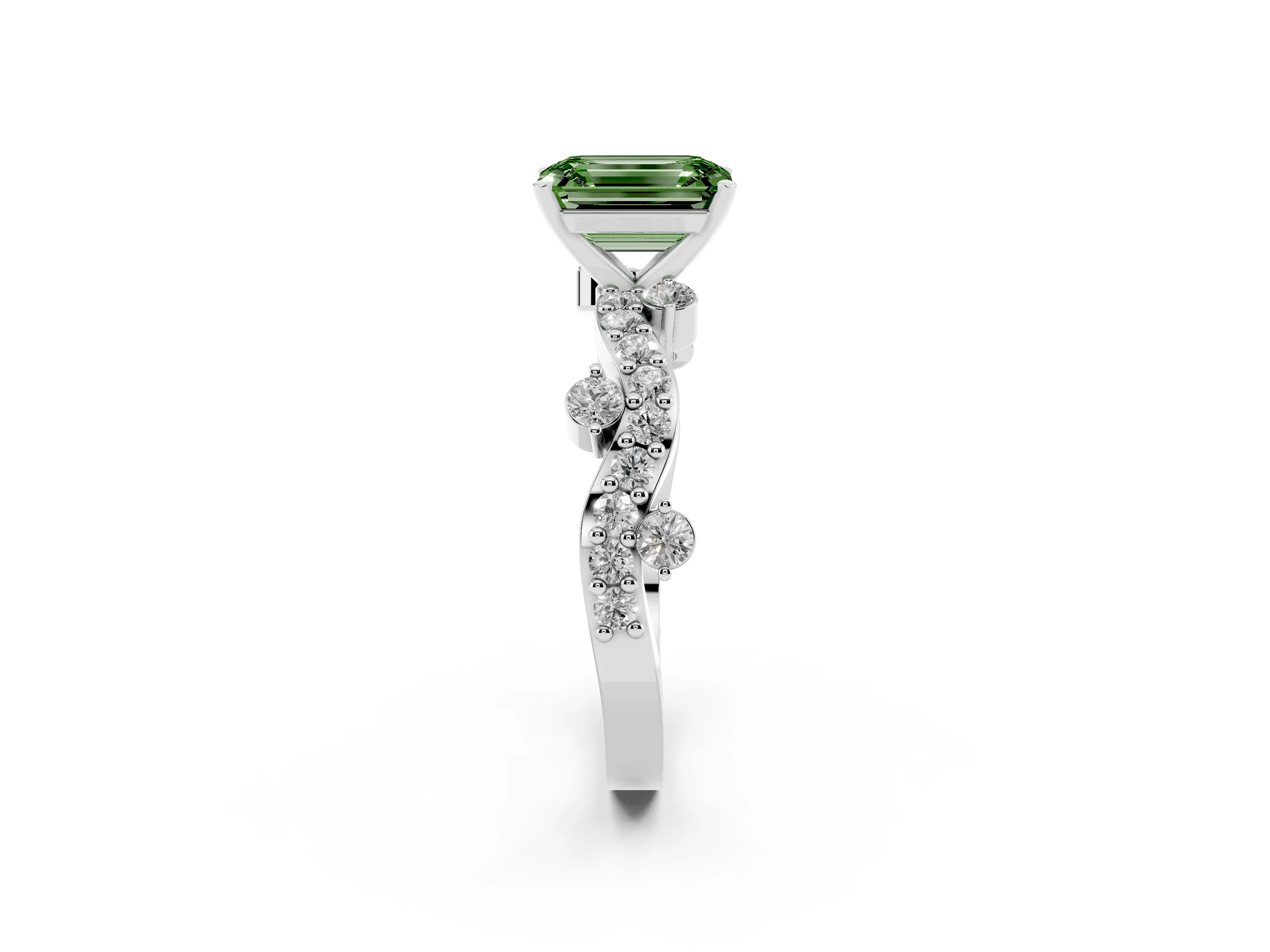 Fancy Green Emerald Cut Diamond Solitaire Twisted Band Set in Silver with Pavé Setting