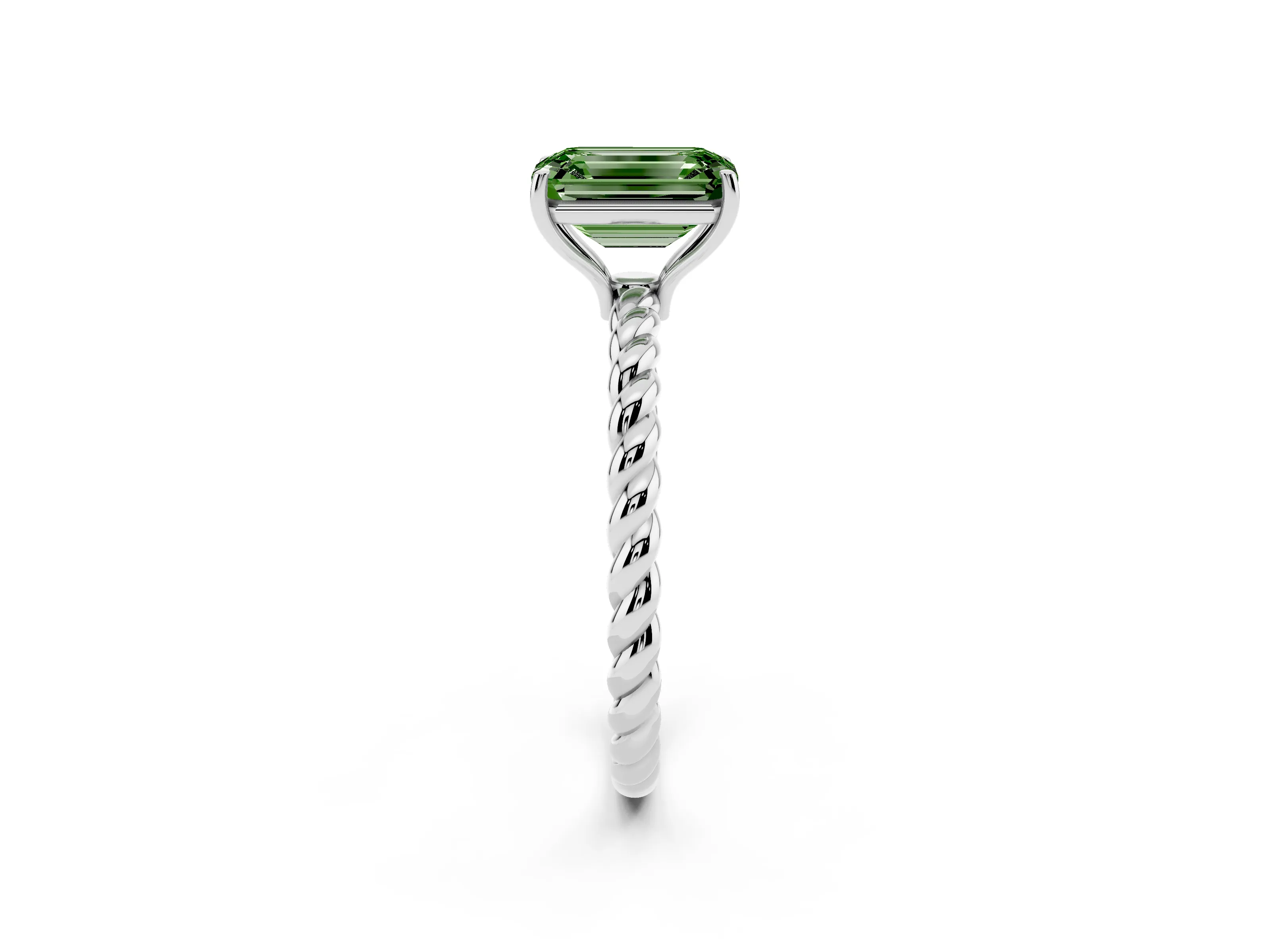 Fancy Green Emerald Cut Diamond Solitaire Ring Set in White gold with Twist Band and Prong Setting