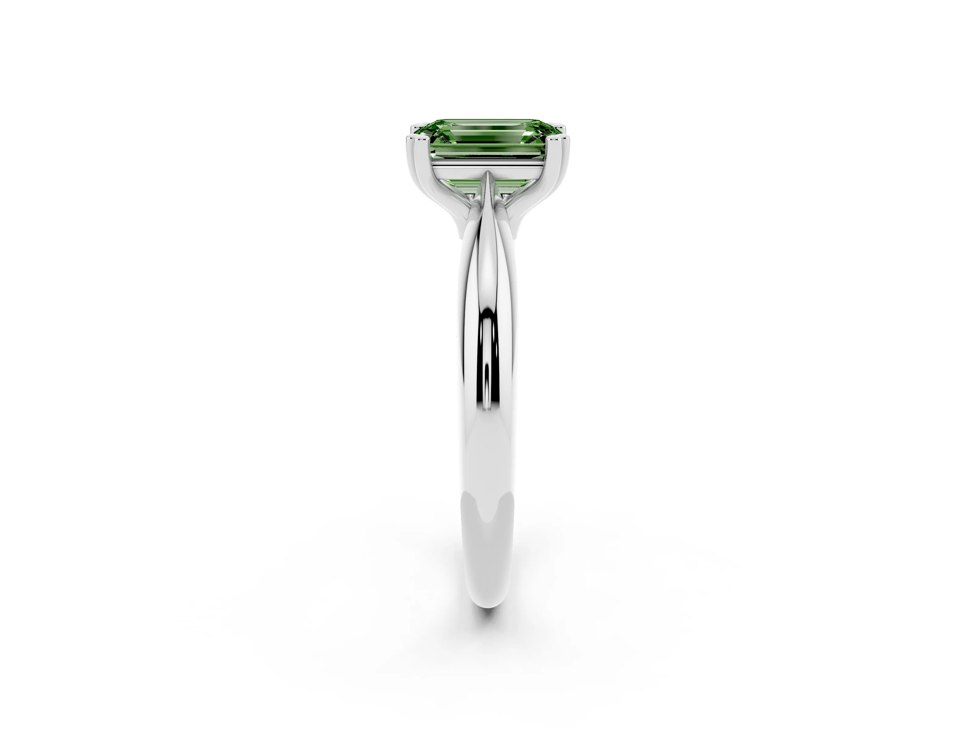 Fancy Green Emerald Cut Diamond Solitaire Engagement Ring Set in Silver with Tapered Band and Prong Setting