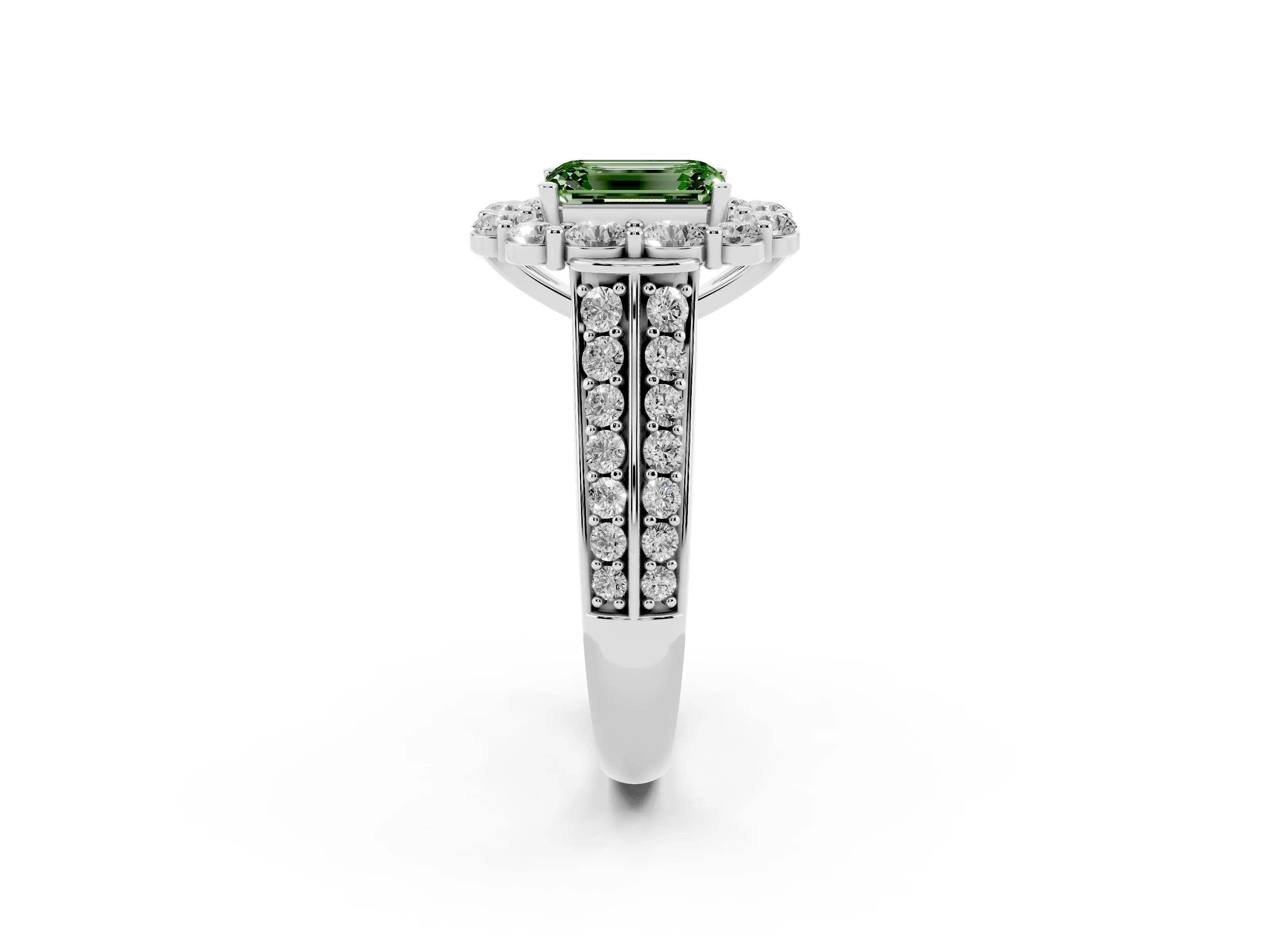 Fancy Green Emerald Cut Diamond Halo Engagement Ring Set in Silver with Split Shank and Prong Setting