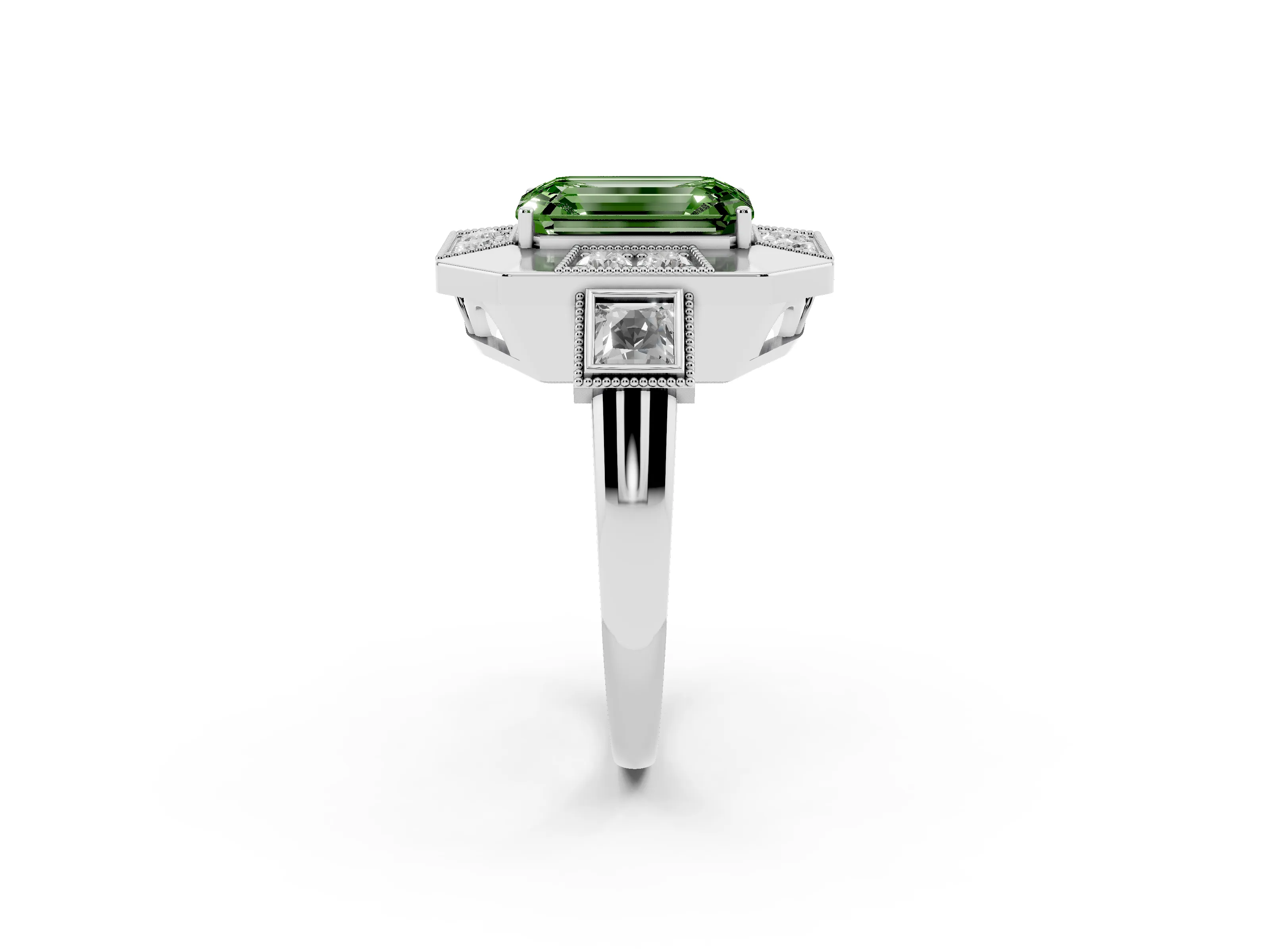 Fancy Green Emerald Cut Diamond Milgrain Halo Ring Set in Silver with Split Shank
