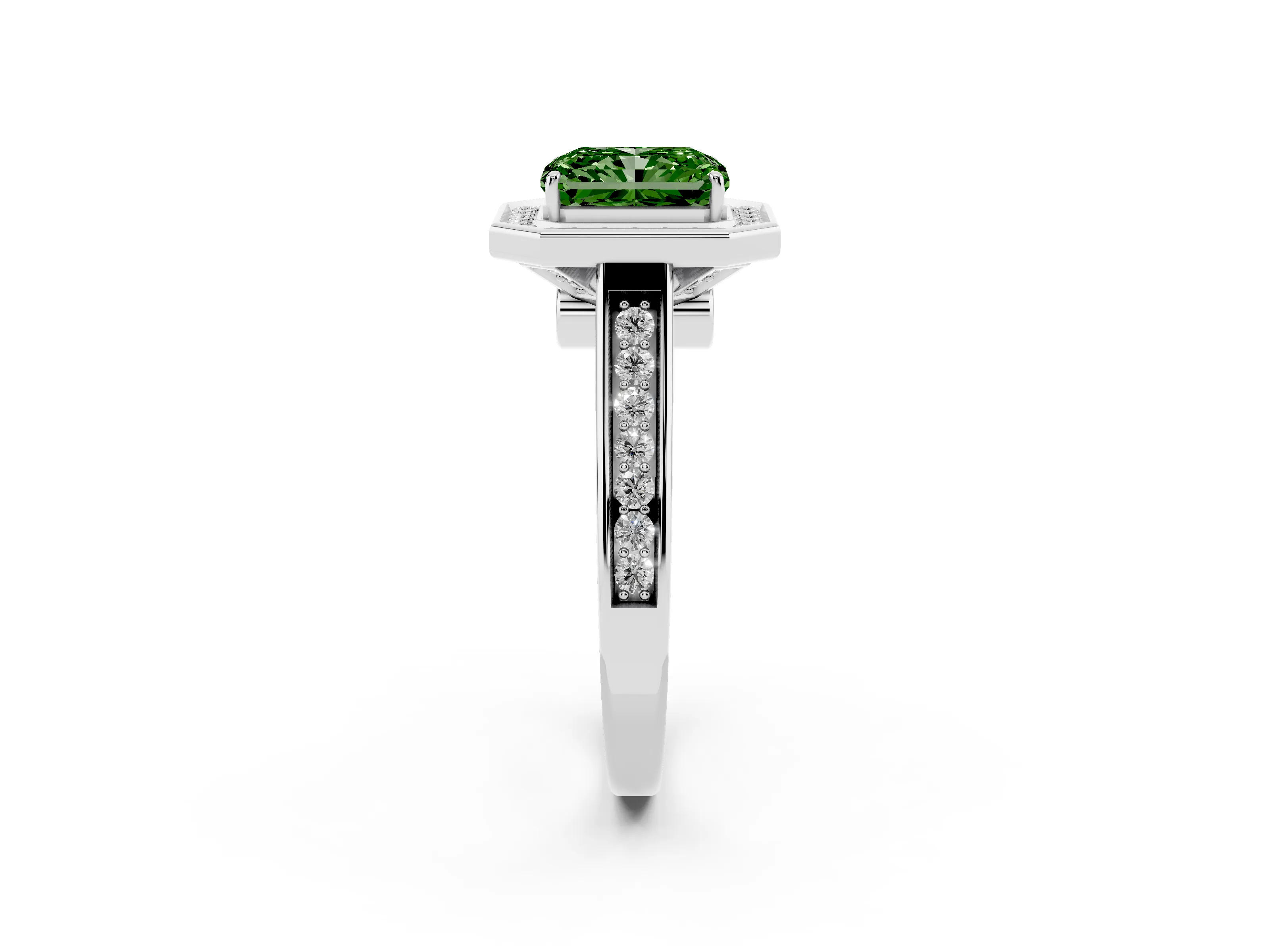 Fancy Green Emerald Cut Diamond Halo Solitaire Ring Set in Platinum with Pavé Band and Bezel Setting