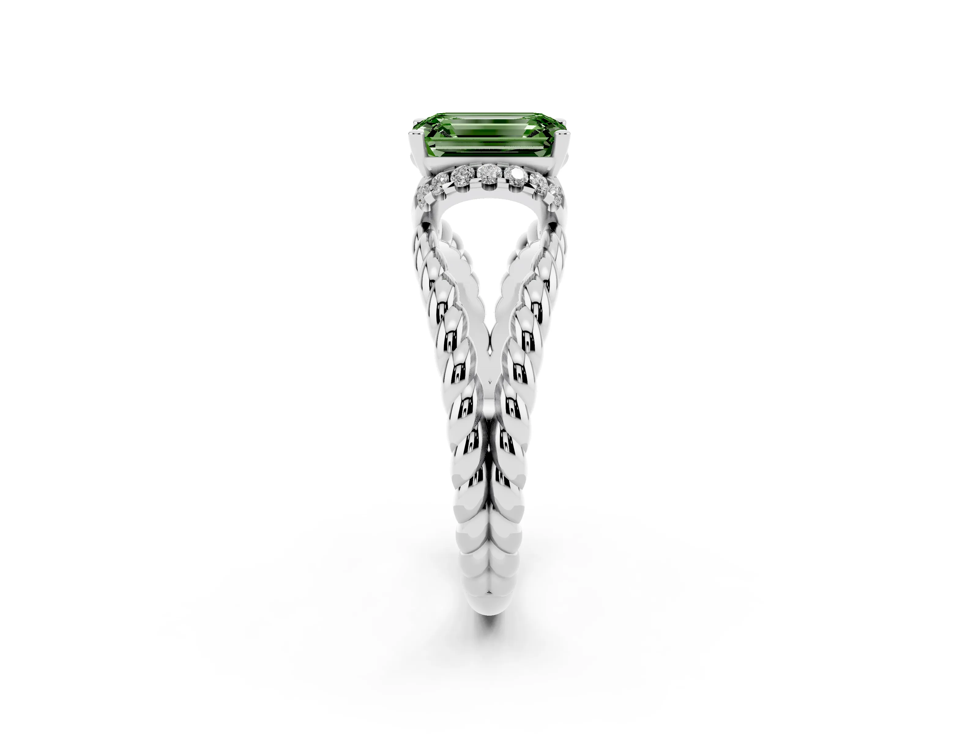 Fancy Green Emerald Cut Diamond Halo Ring Set in White gold with Twisted Band and Prong Setting