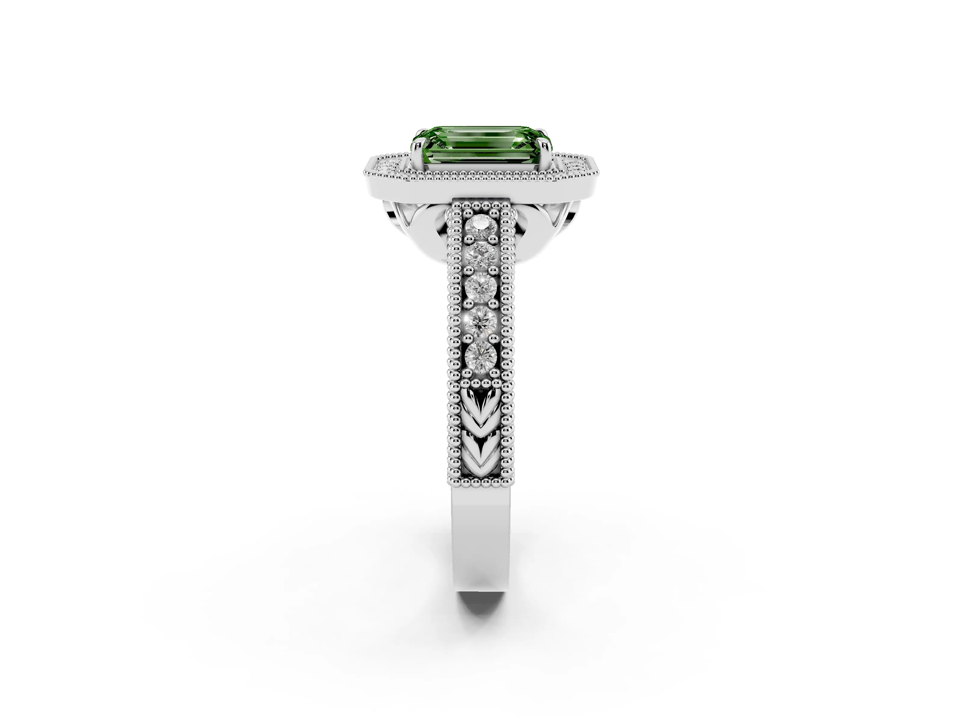 Fancy Green Emerald Cut Diamond Halo Ring Set in Silver with Round Accent Halo, Pavé Band and Prong Setting