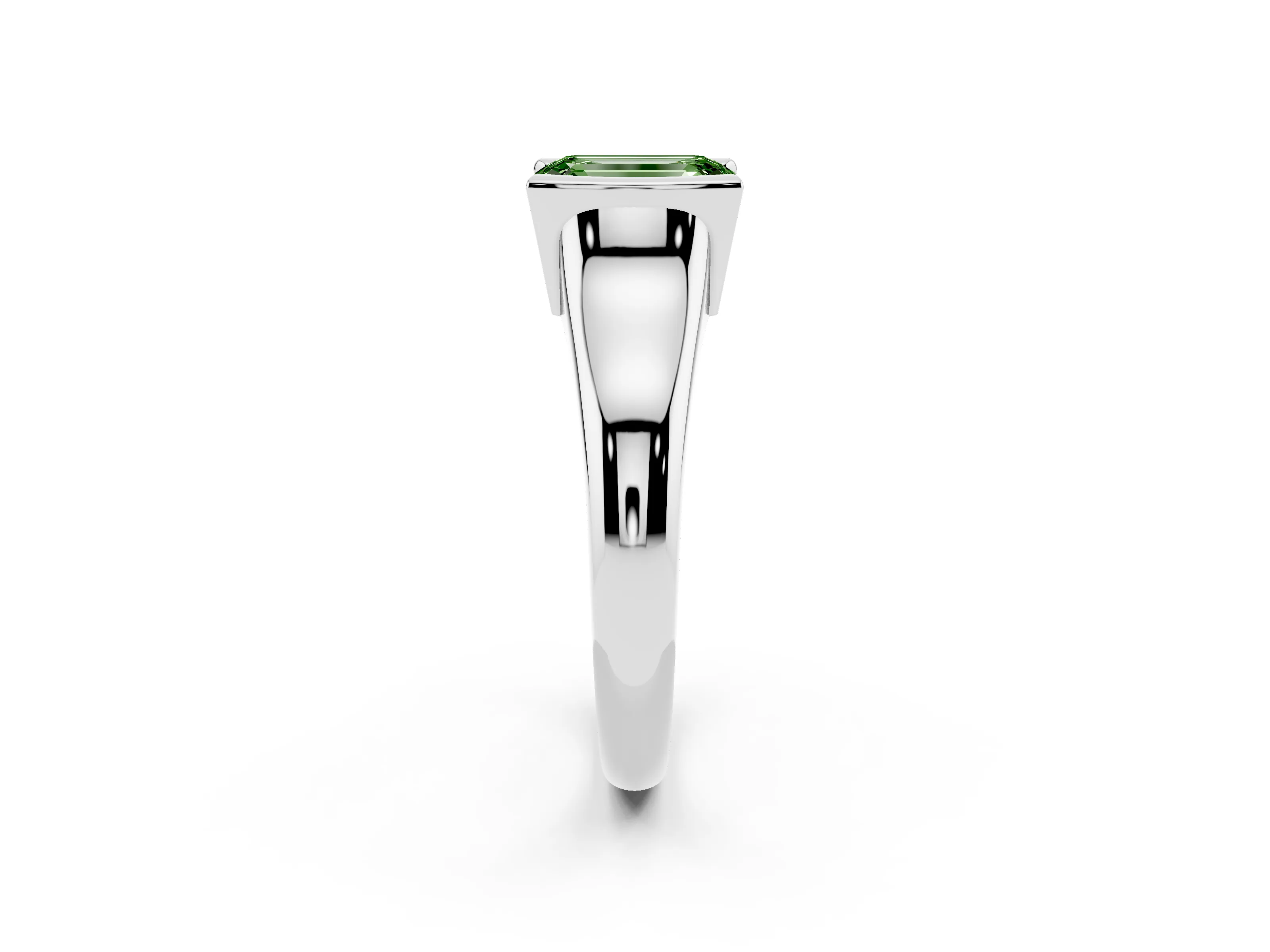 Fancy Green Emerald Cut Diamond Solitaire Tension Set Ring Set in White gold with Split Shank Band