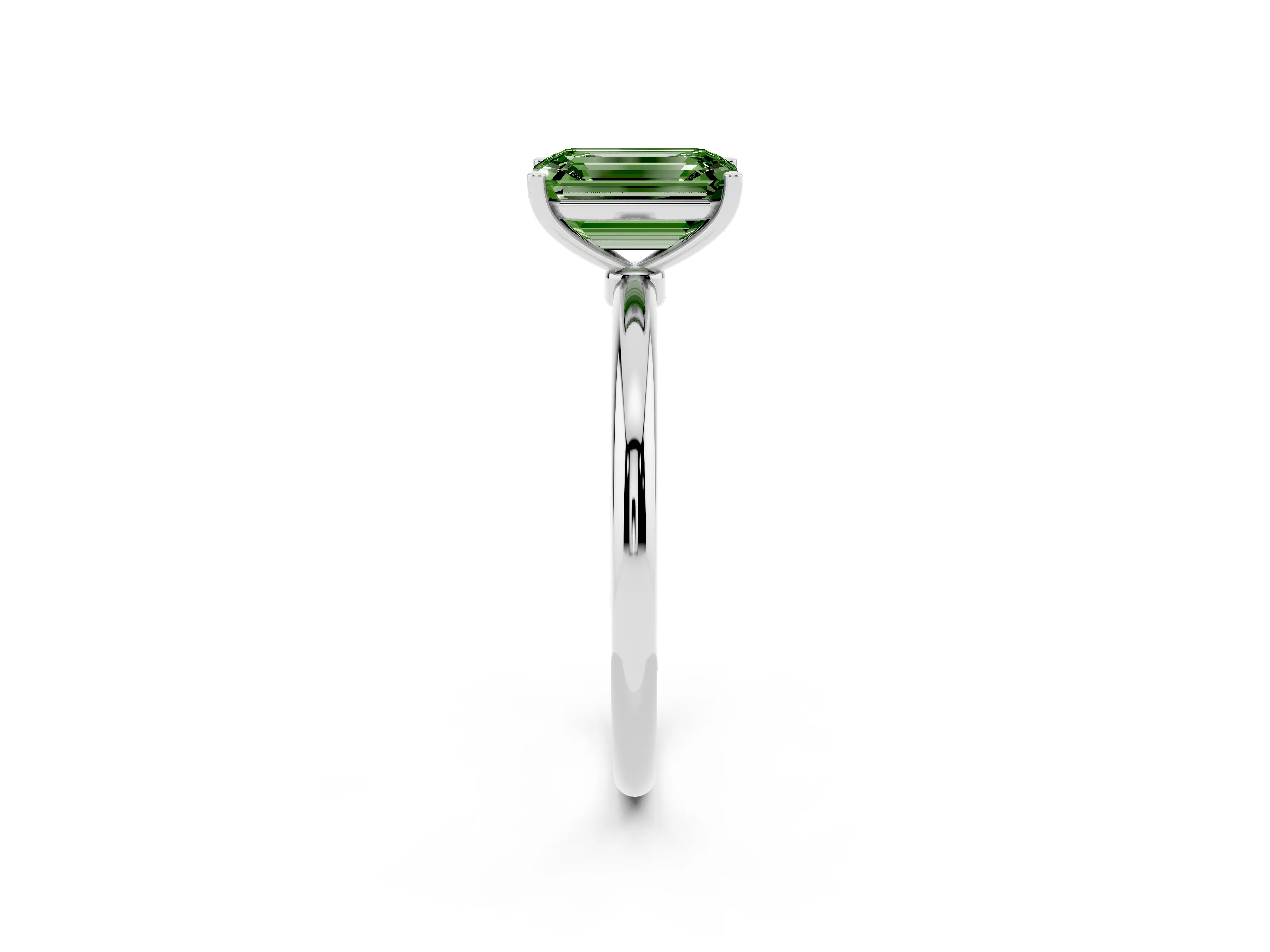 Fancy Green Emerald Cut Diamond Solitaire Engagement Ring Set in Platinum with Thin Band and Prong Setting