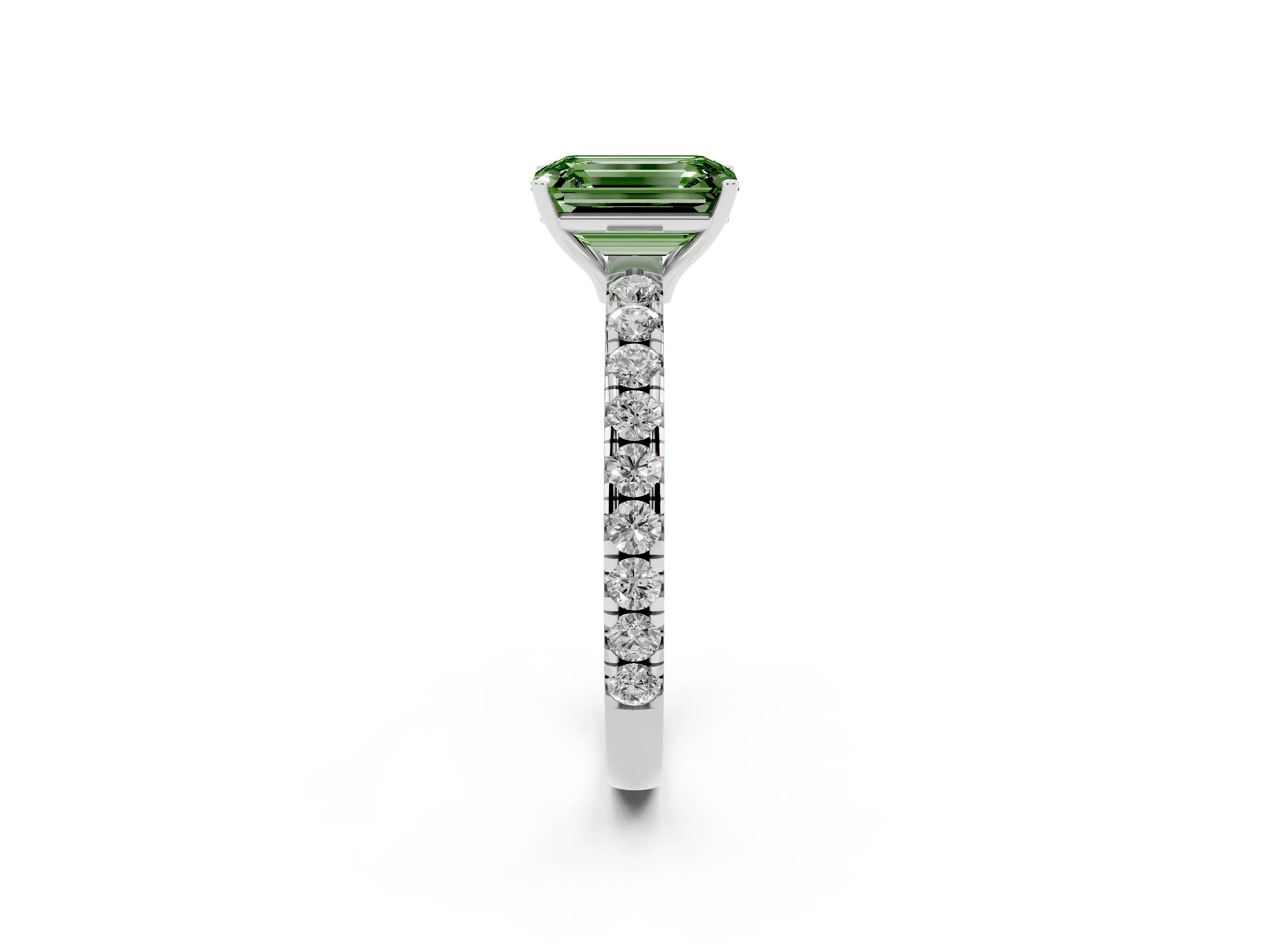 Fancy Green Emerald Cut Diamond Pavé Solitaire Engagement Ring Set in Platinum with Prong Setting