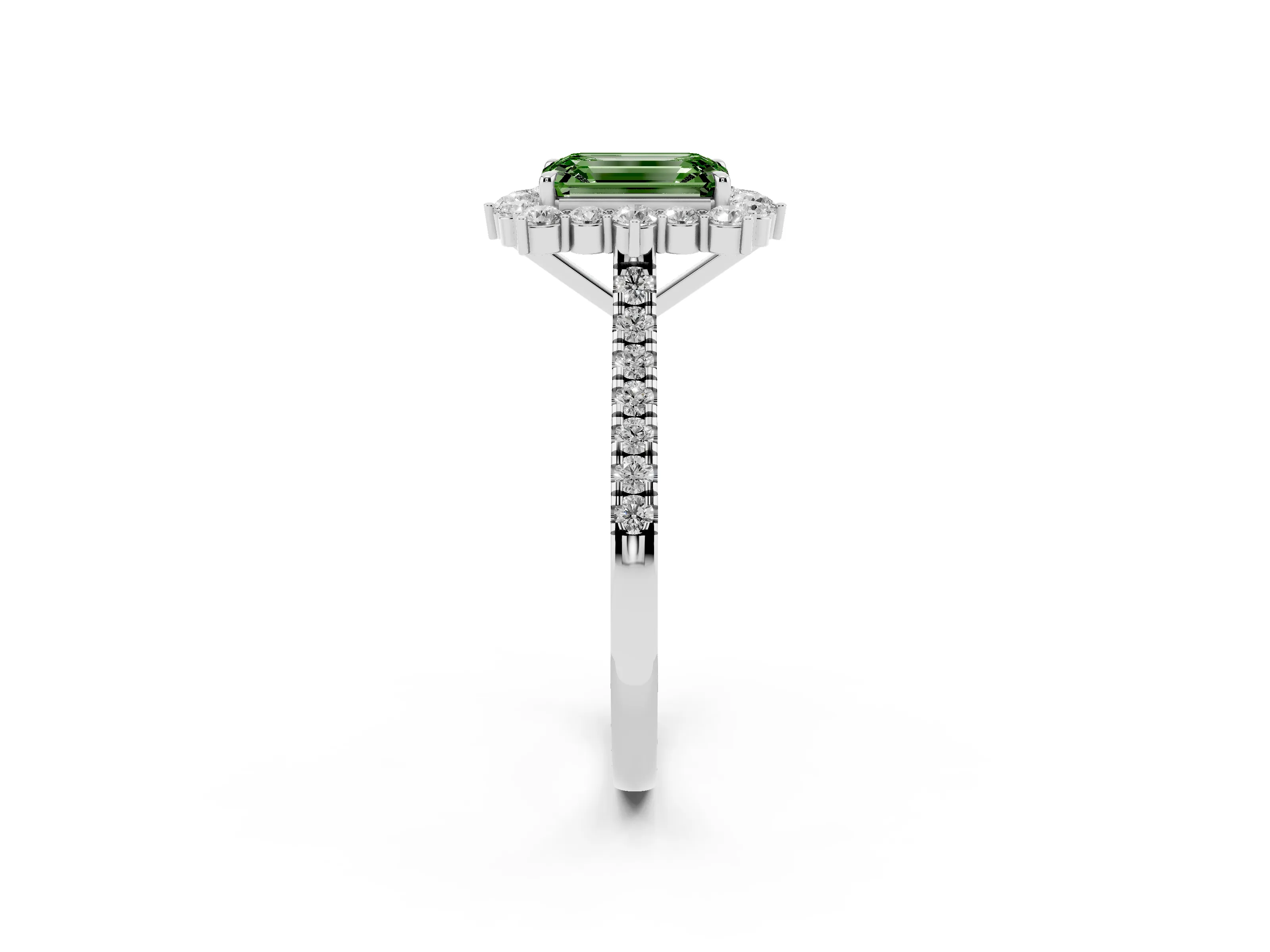 Fancy Green Emerald Cut Diamond Halo Ring Set in Platinum with Pavé Band and Prong Setting