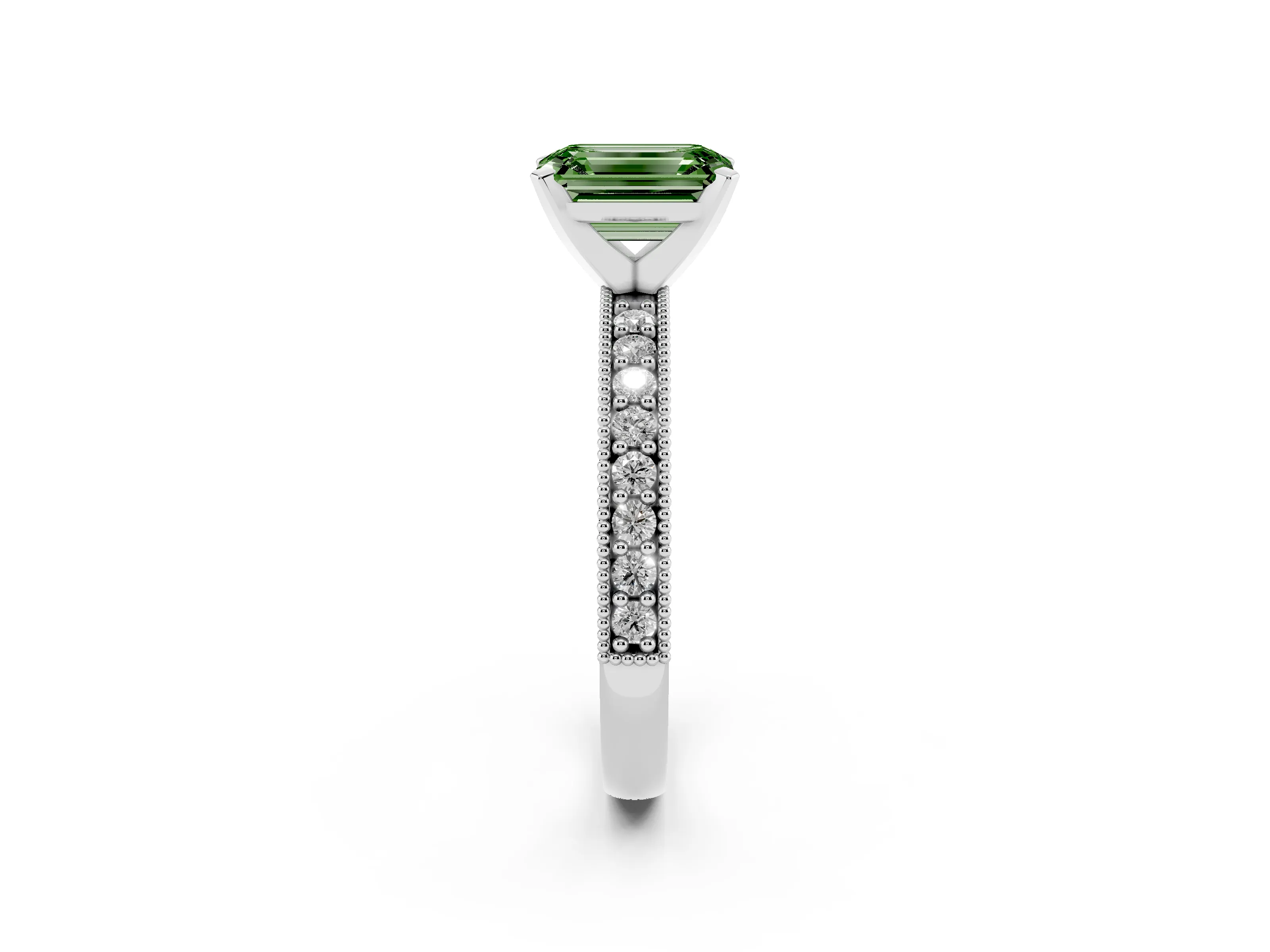 Fancy Green Emerald Cut Diamond Milgrain Pavé Engagement Ring Set in White gold with Prong Setting
