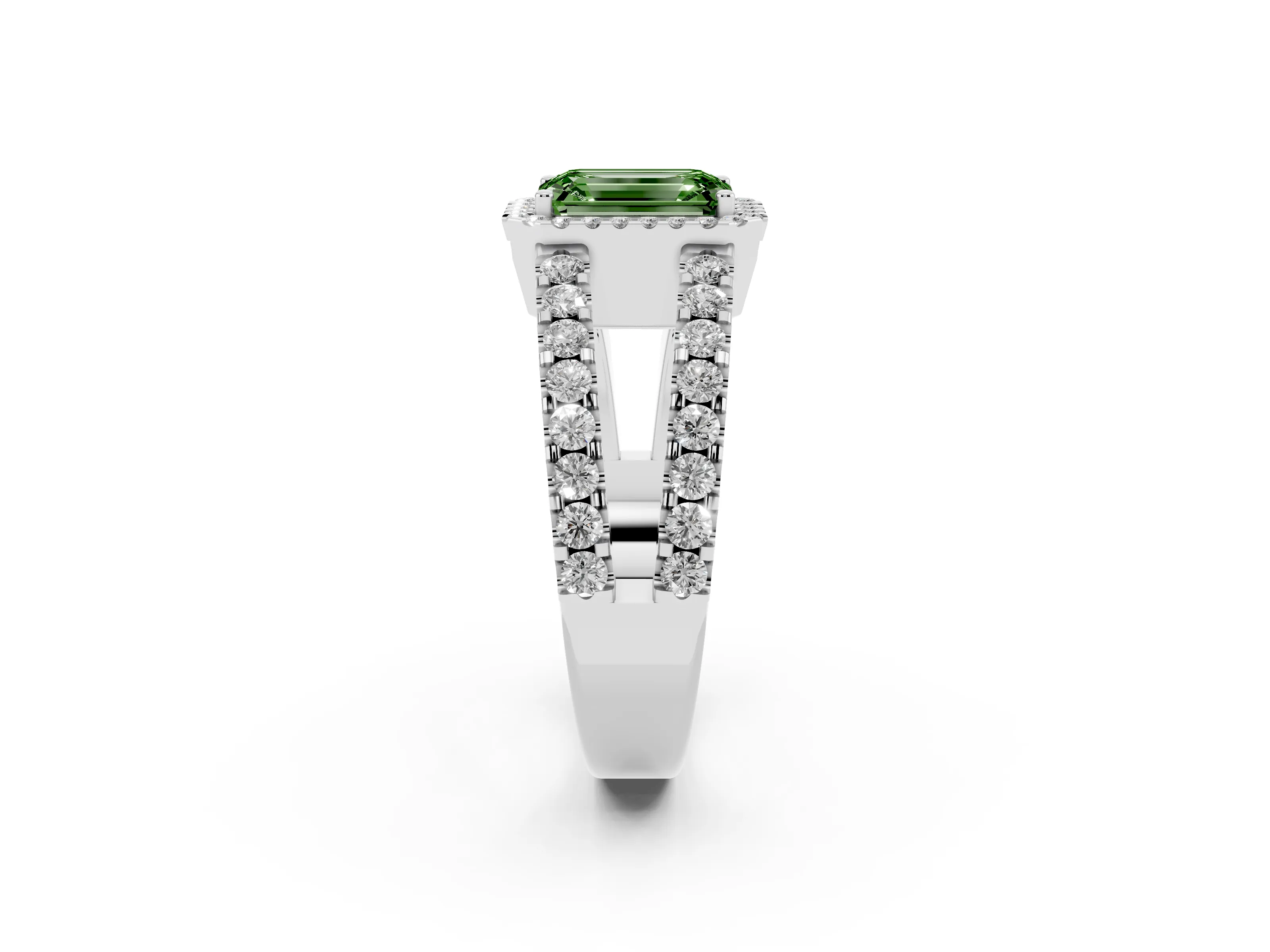 Fancy Green Emerald Cut Diamond Halo Ring Set in Silver with Pavé Split Shank and Prong Setting